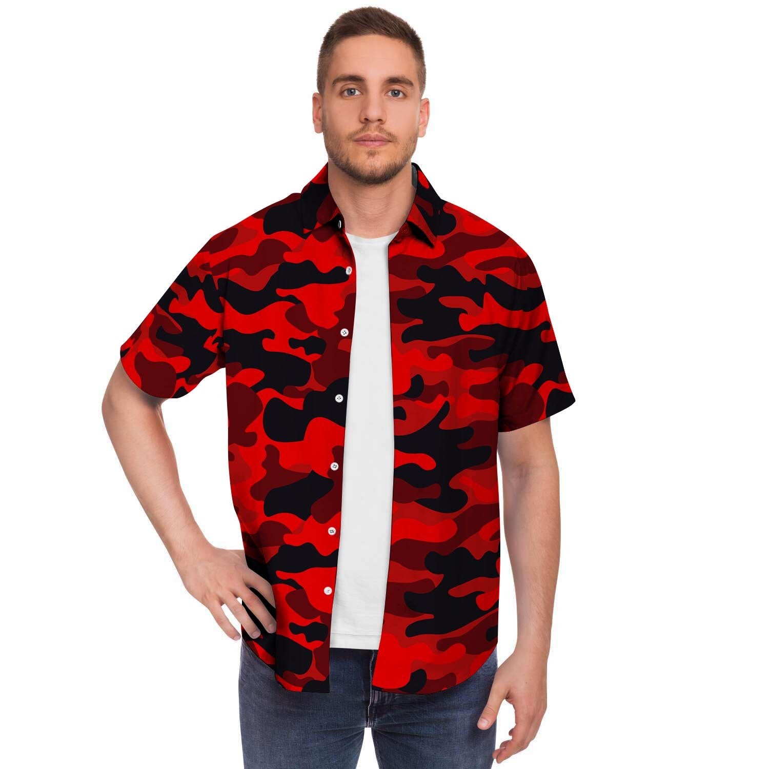 Red Camo Print Men Print Short Sleeve Button-Up Shirts