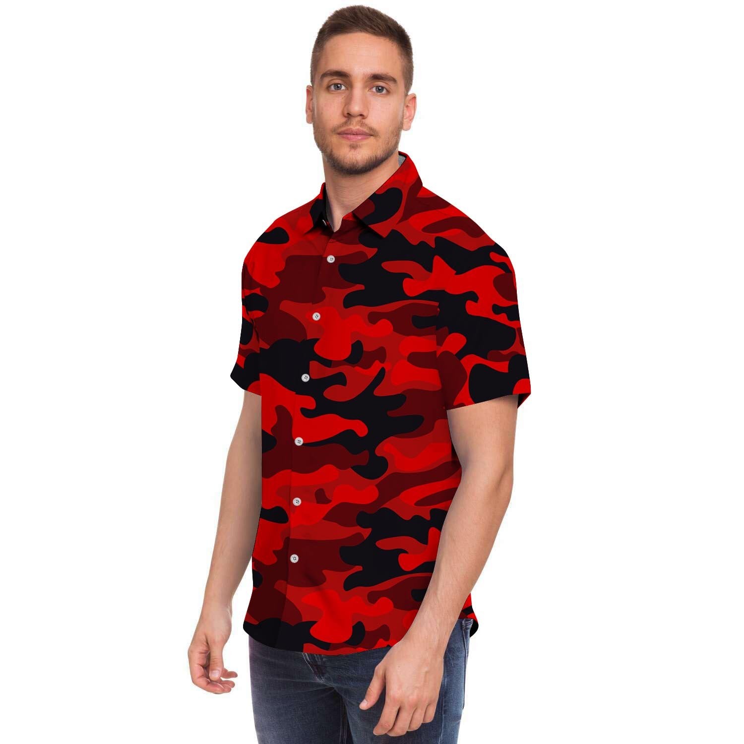 Red Camo Print Men Print Short Sleeve Button-Up Shirts