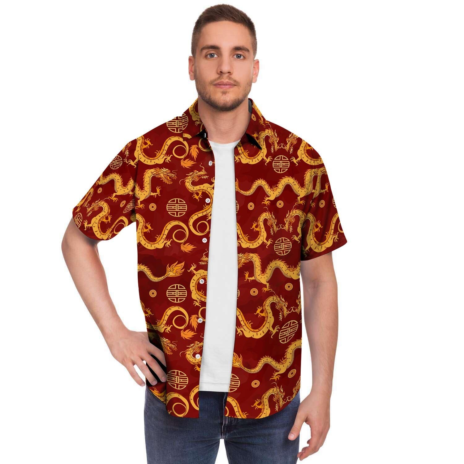 Red Chinese Dragon Men Print Short Sleeve Button-Up Shirts
