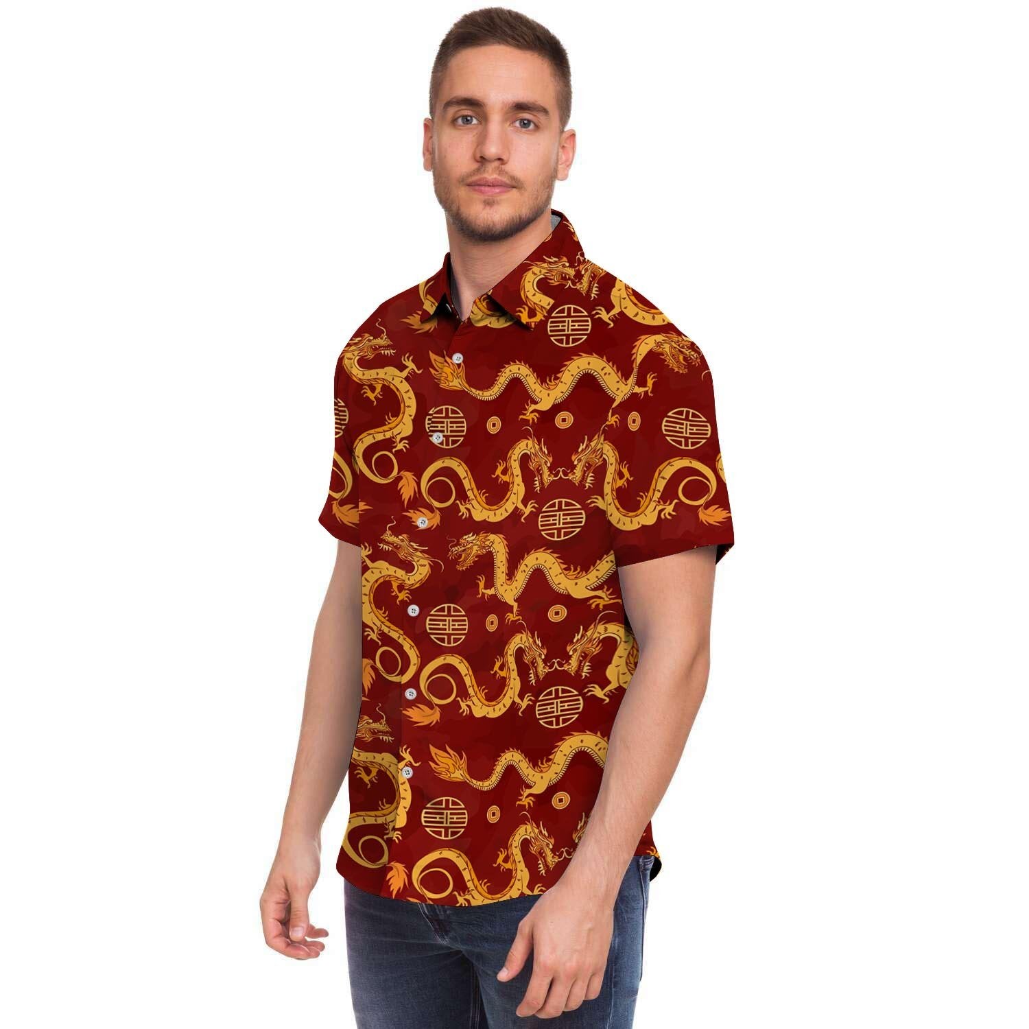 Red Chinese Dragon Men Print Short Sleeve Button-Up Shirts