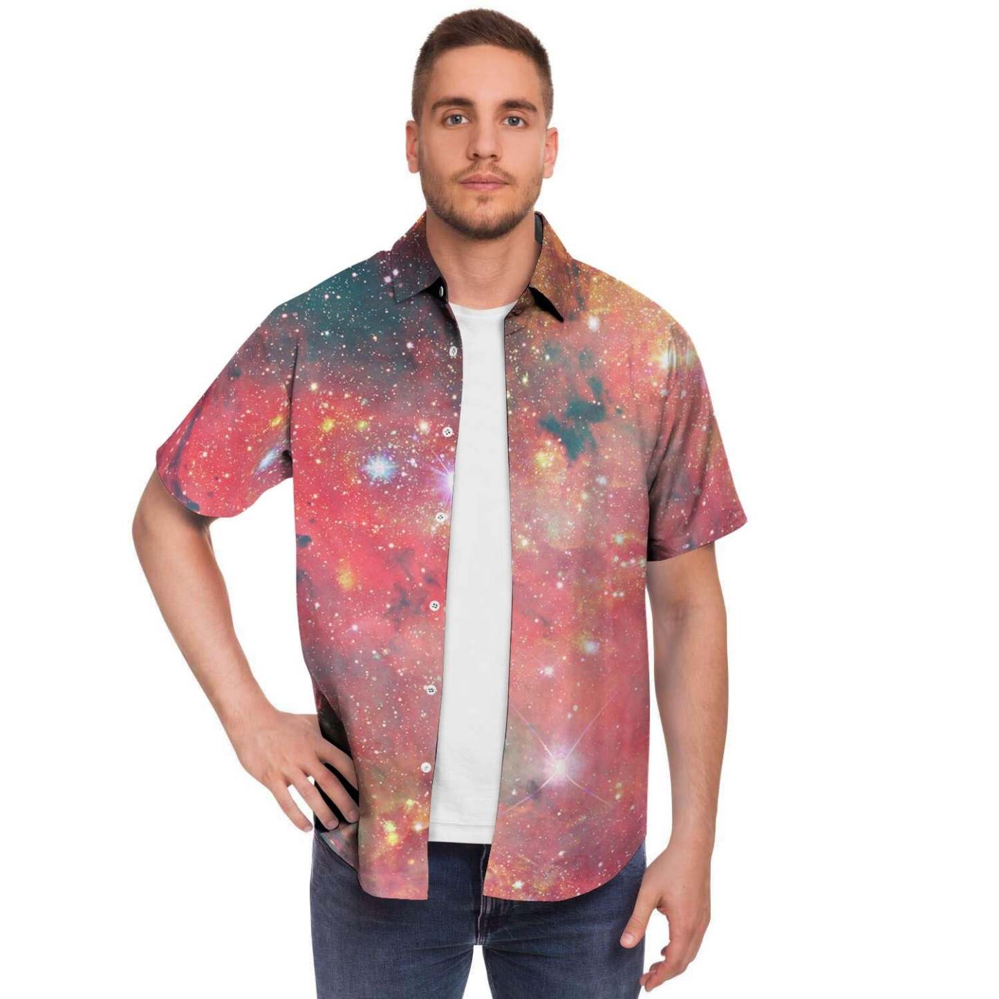 Red Cloud Galaxy Space Men Print Short Sleeve Button-Up Shirts