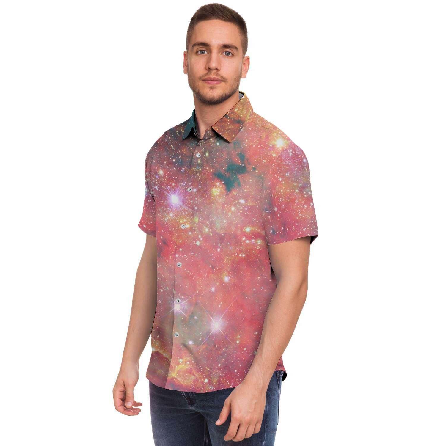 Red Cloud Galaxy Space Men Print Short Sleeve Button-Up Shirts