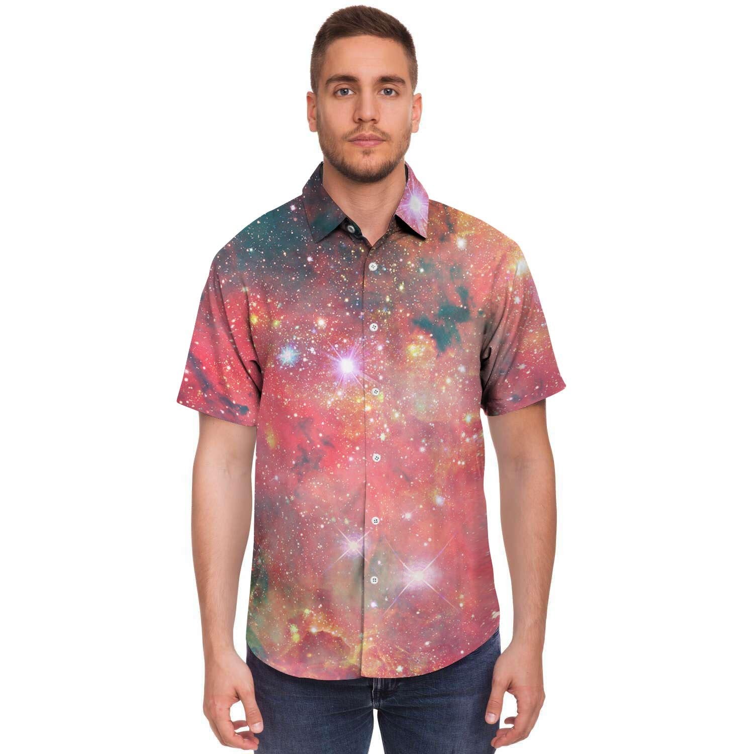 Red Cloud Galaxy Space Men Print Short Sleeve Button-Up Shirts