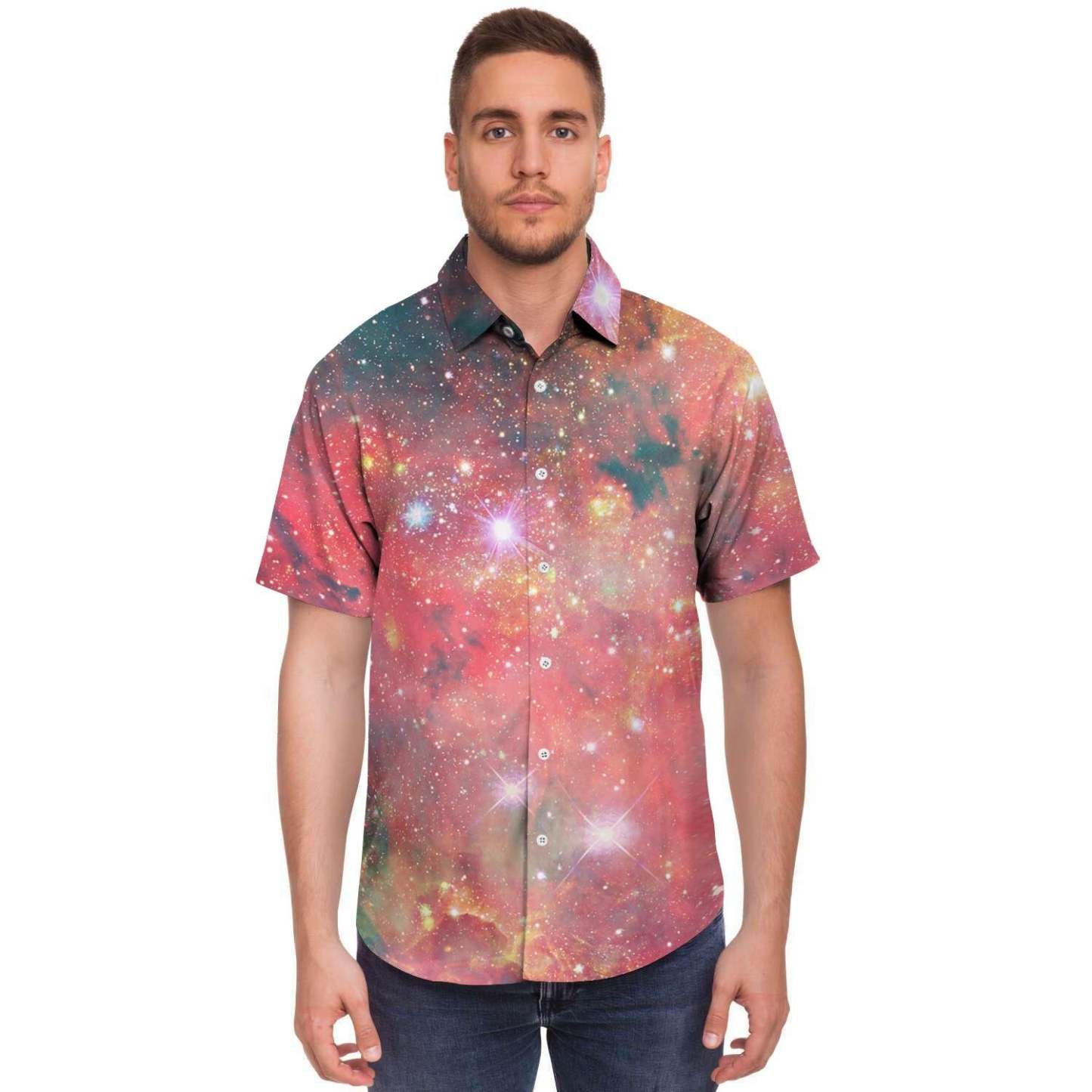 Red Cloud Galaxy Space Men Print Short Sleeve Button-Up Shirts