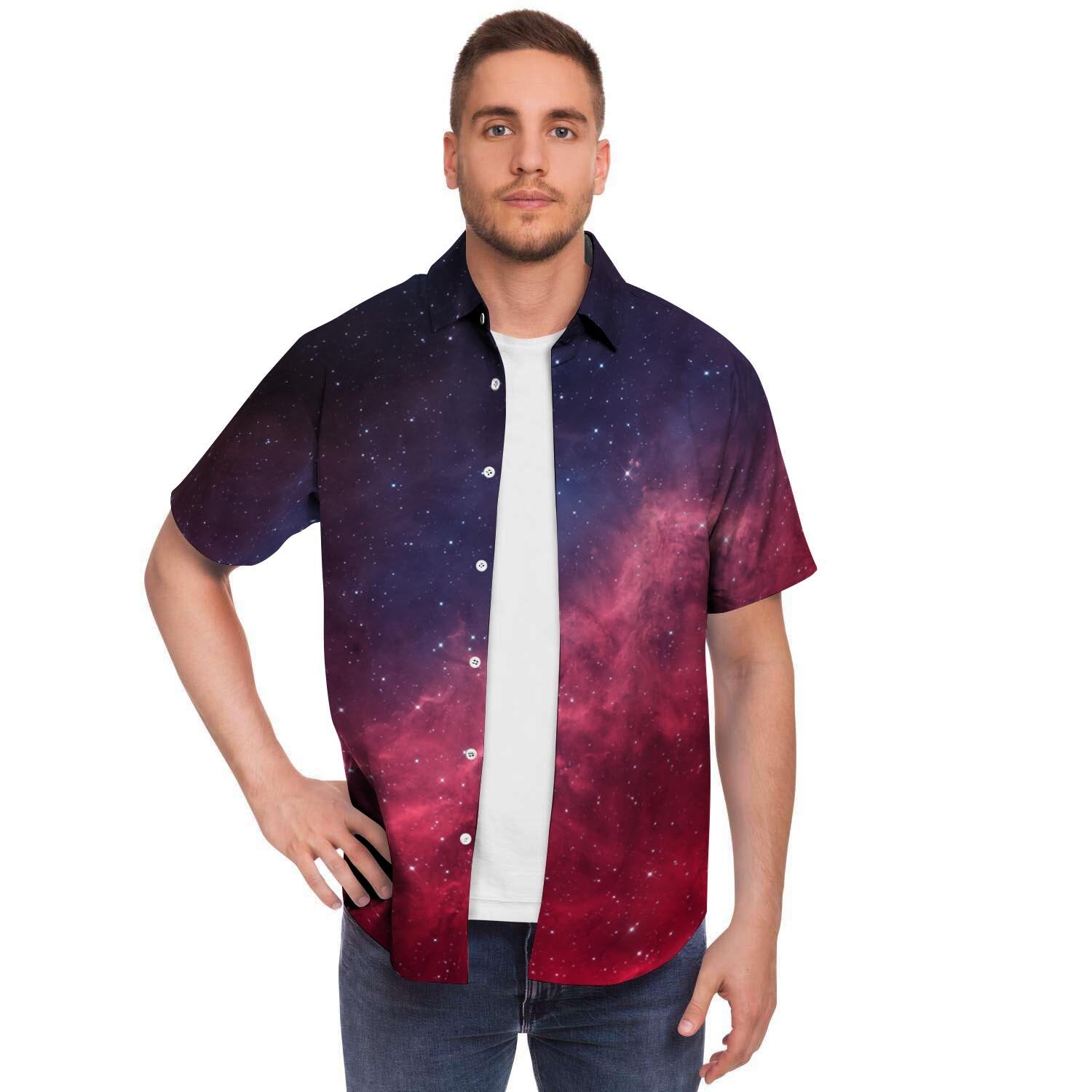 Red Cosmic Galaxy Space Men Print Short Sleeve Button-Up Shirts