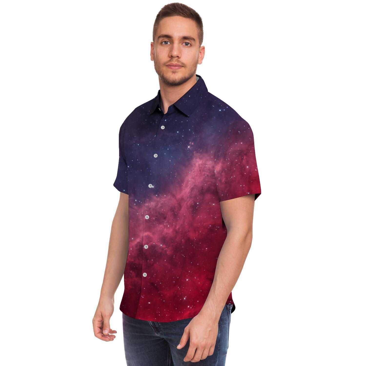 Red Cosmic Galaxy Space Men Print Short Sleeve Button-Up Shirts