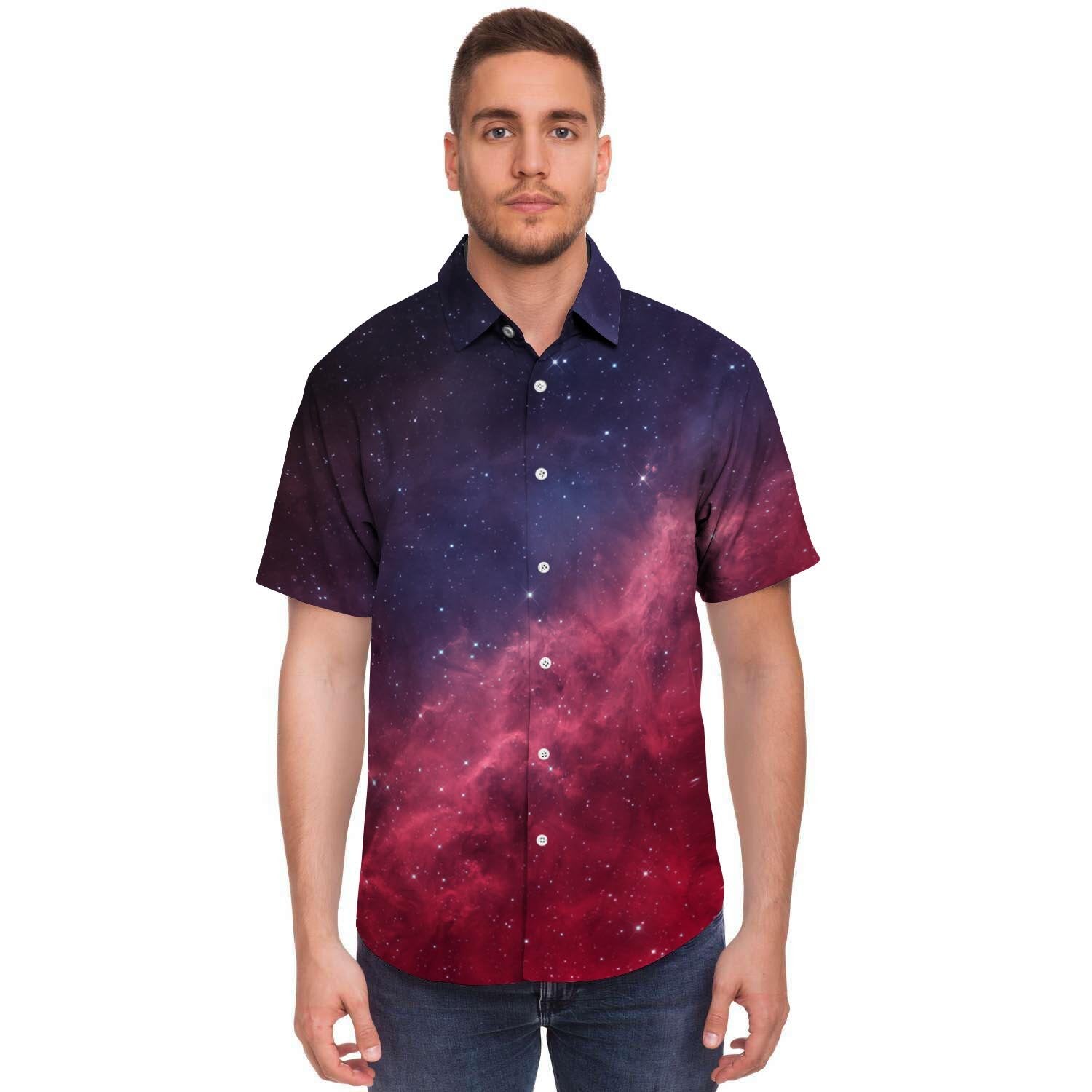 Red Cosmic Galaxy Space Men Print Short Sleeve Button-Up Shirts