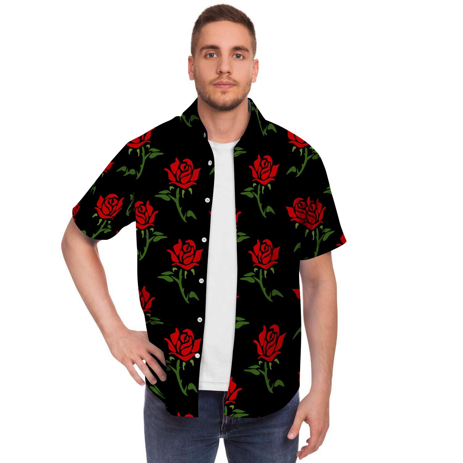 Red Doodle Rose Floral Men Print Short Sleeve Button-Up Shirts