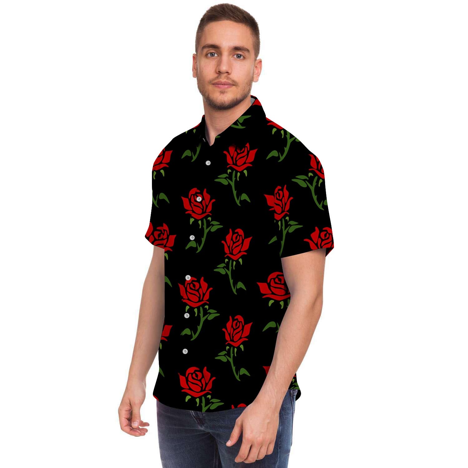 Red Doodle Rose Floral Men Print Short Sleeve Button-Up Shirts