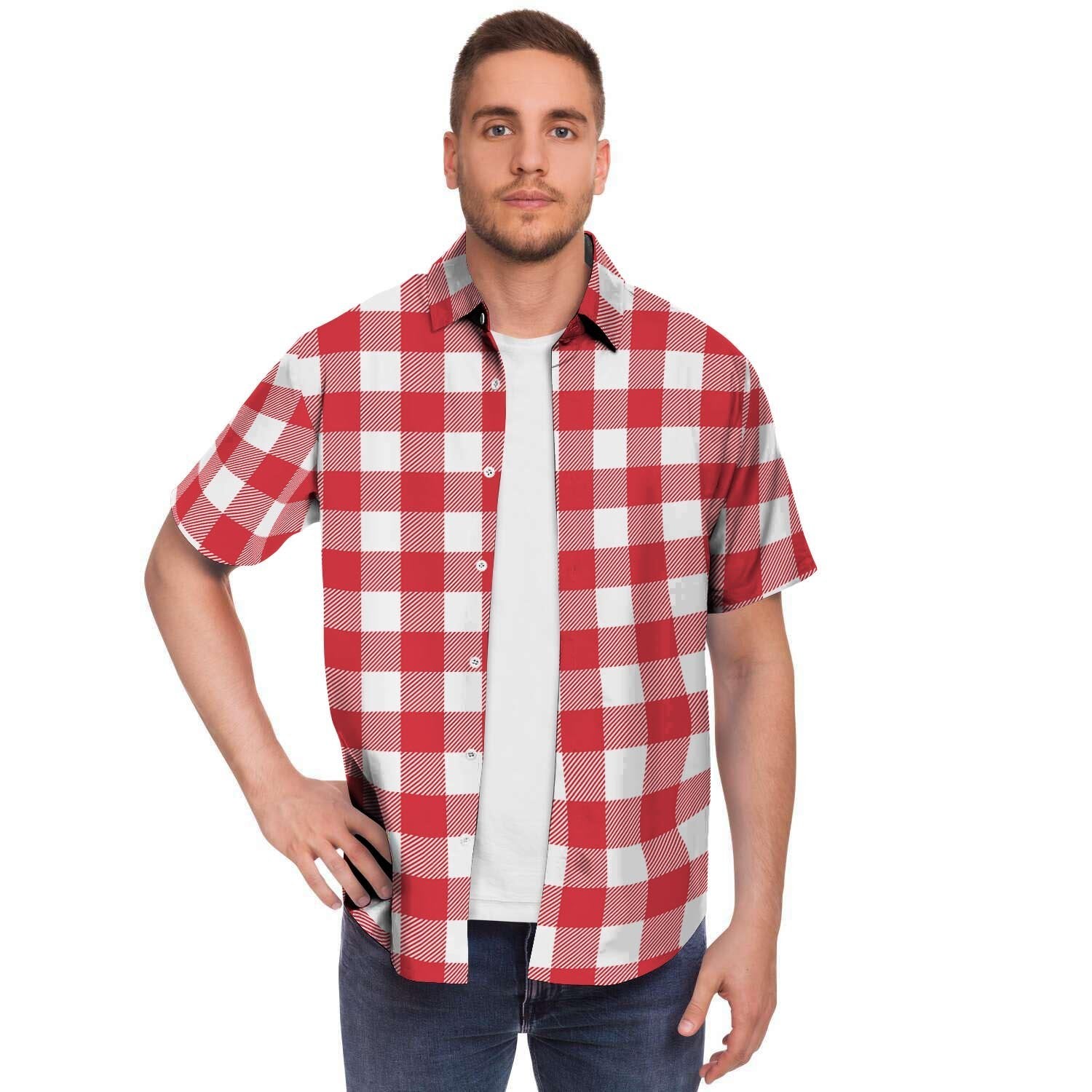 Red Lumberjack Men Print Short Sleeve Button-Up Shirts
