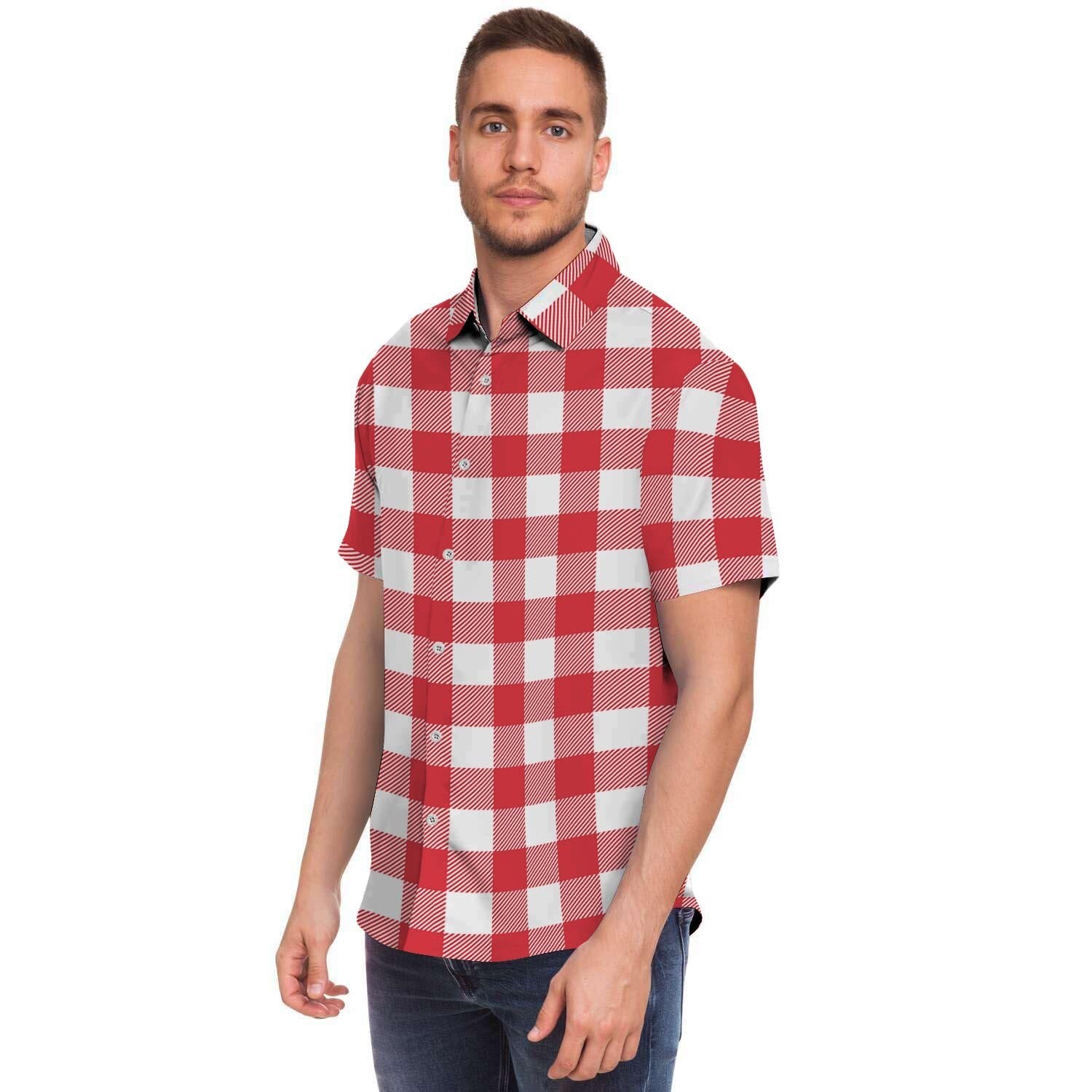 Red Lumberjack Men Print Short Sleeve Button-Up Shirts