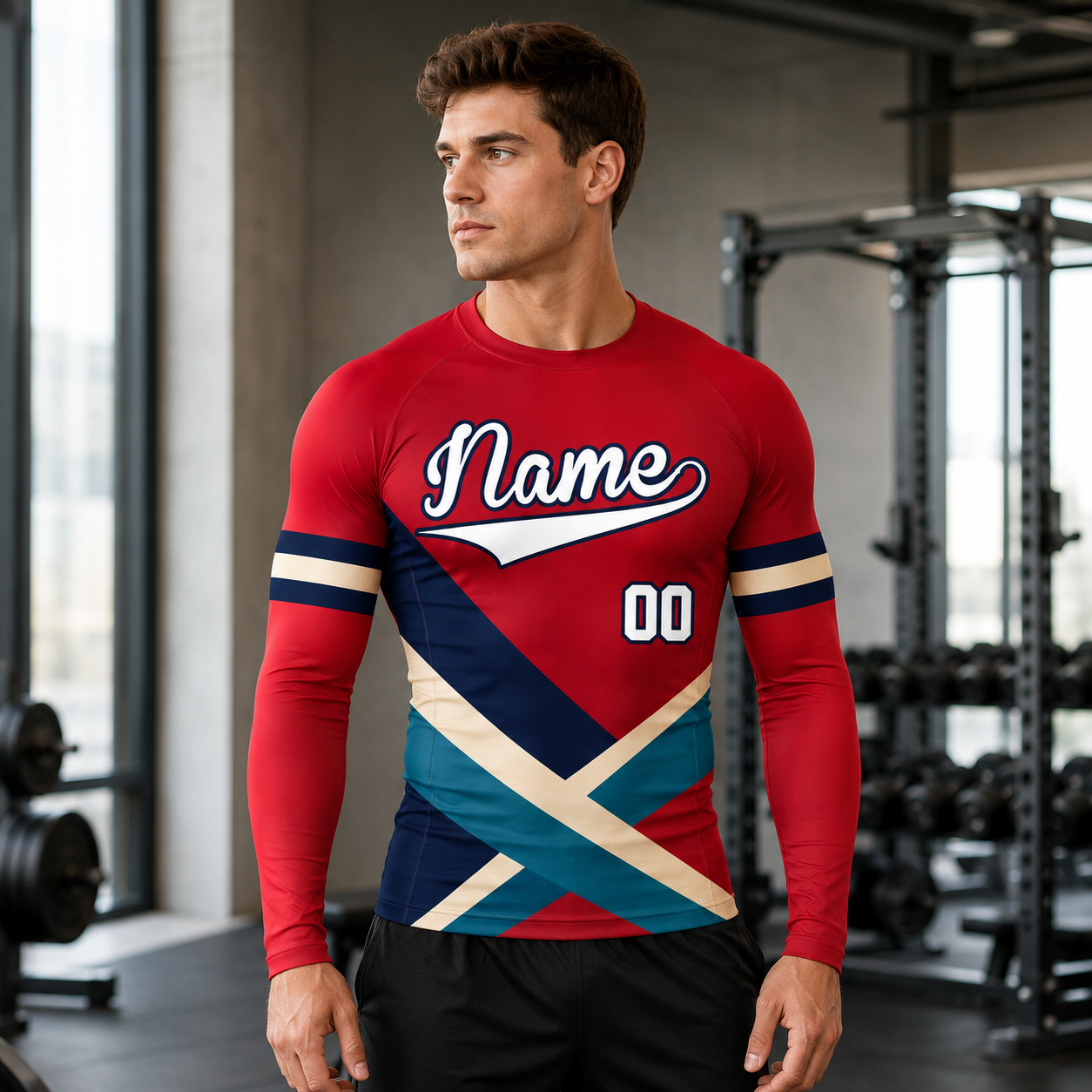 Cross Panel Red Customizable Long Sleeve Compression Shirt