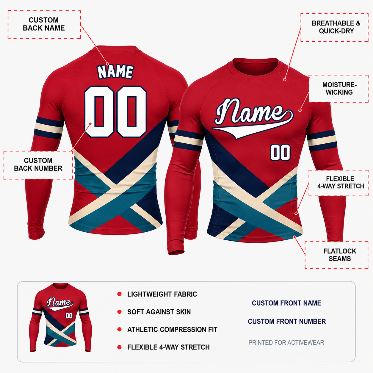 Cross Panel Red Customizable Long Sleeve Compression Shirt