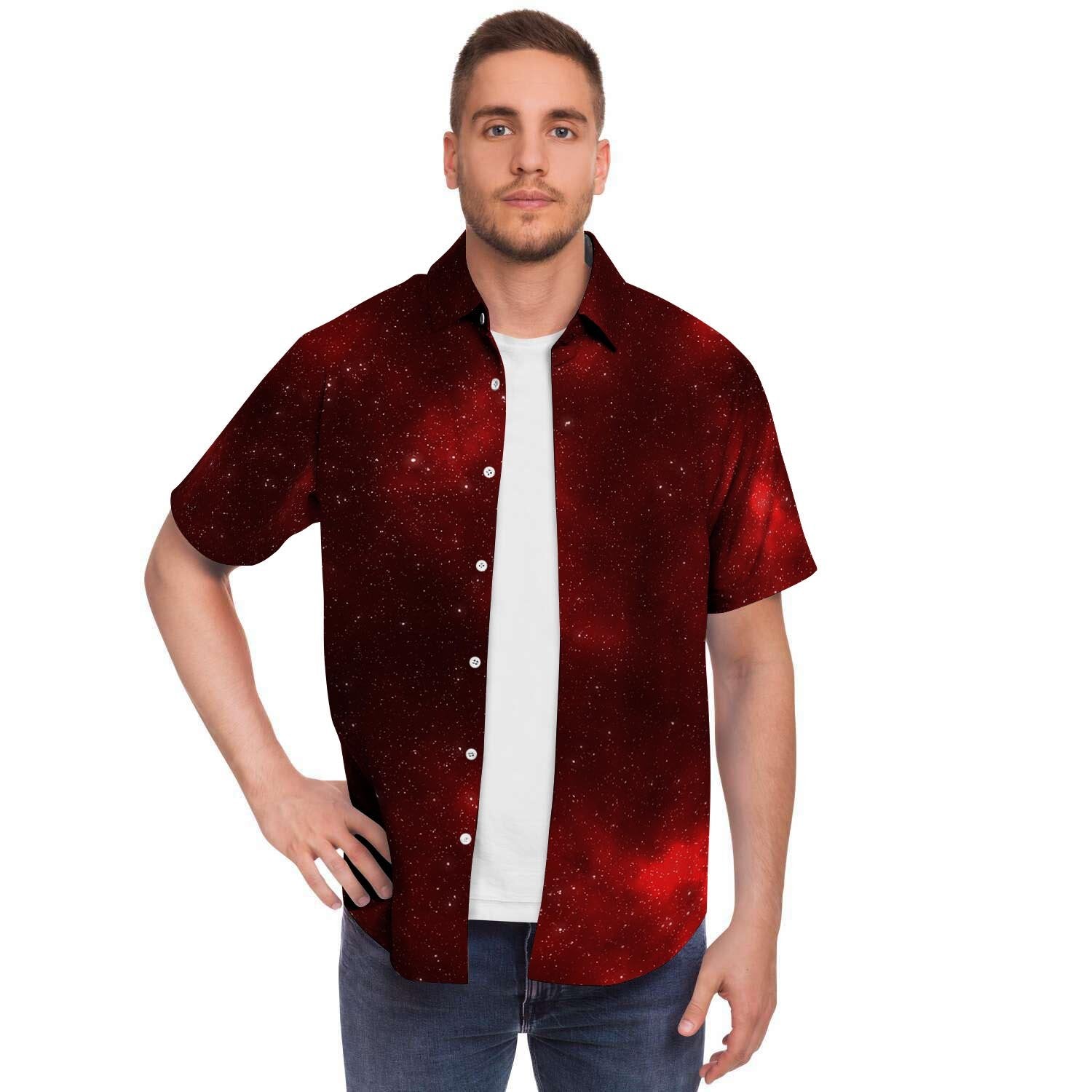 Red Nebula Galaxy Space Men Print Short Sleeve Button-Up Shirts