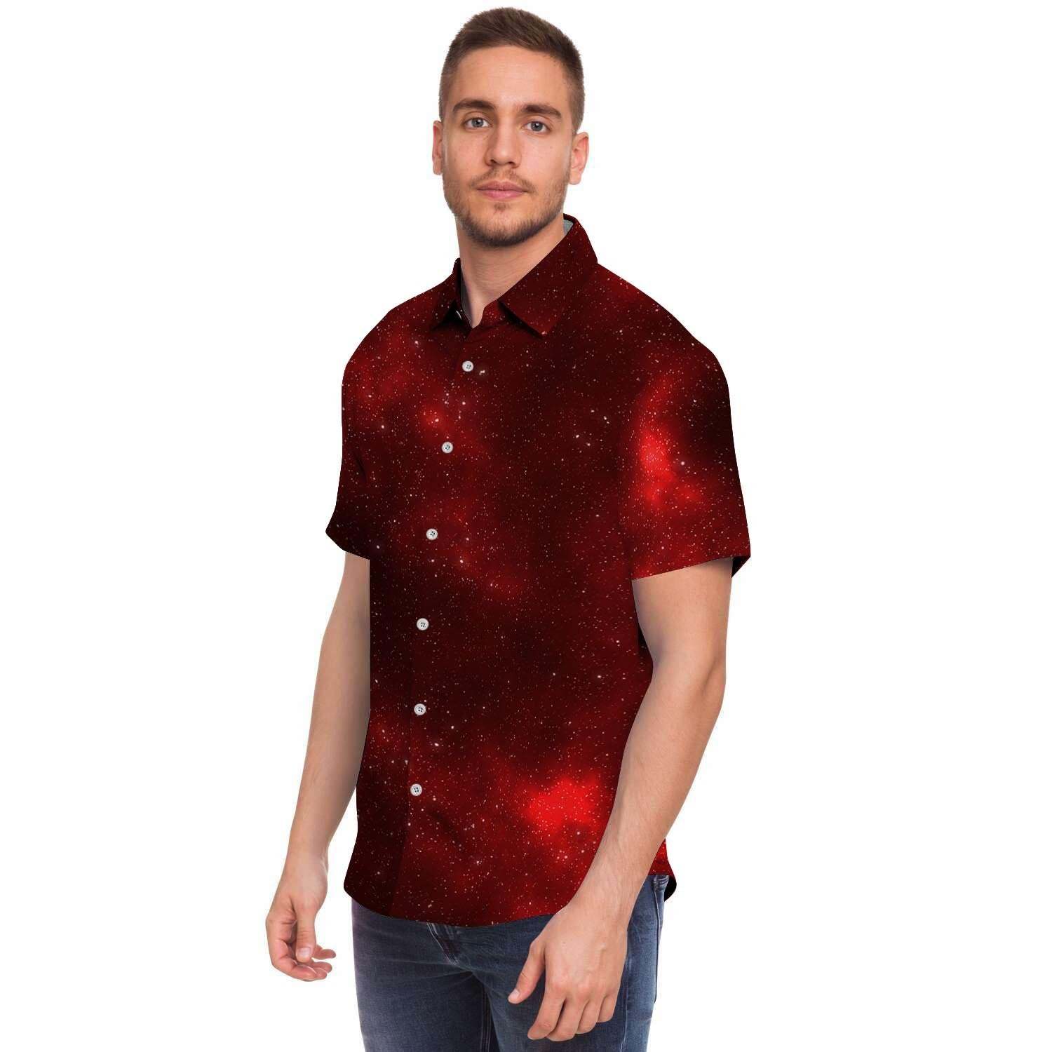 Red Nebula Galaxy Space Men Print Short Sleeve Button-Up Shirts