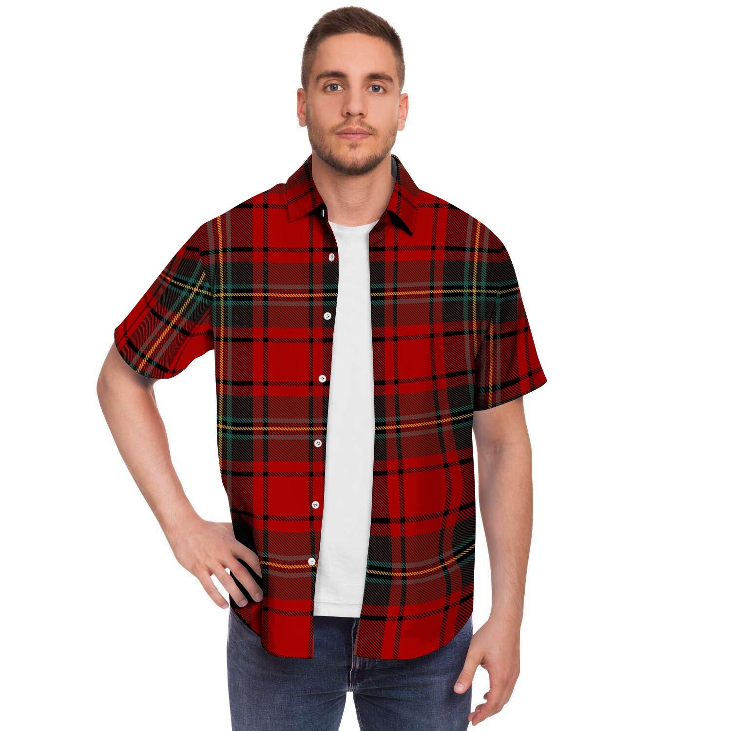 Red Plaid Tartan Men Print Short Sleeve Button-Up Shirts