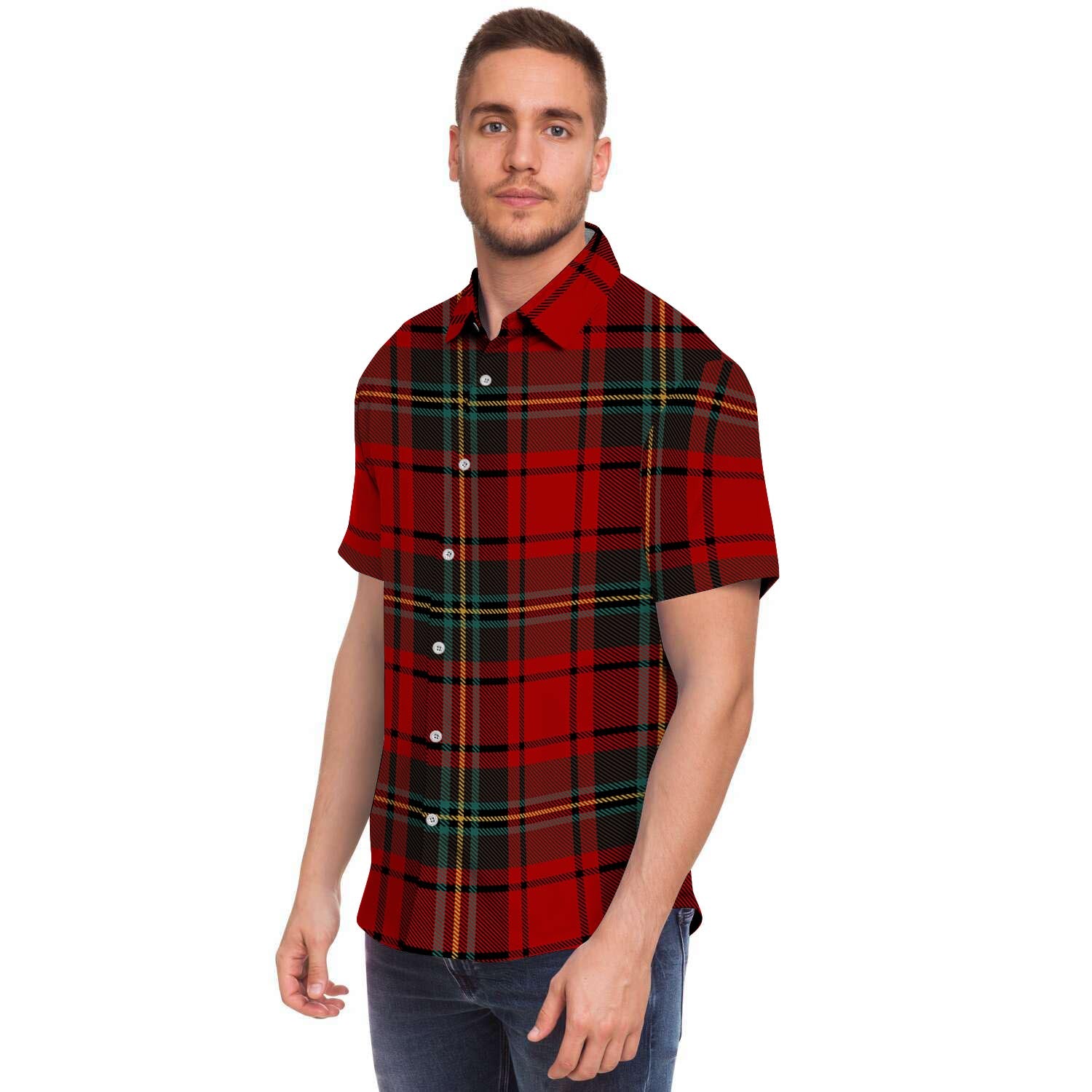 Red Plaid Tartan Men Print Short Sleeve Button-Up Shirts