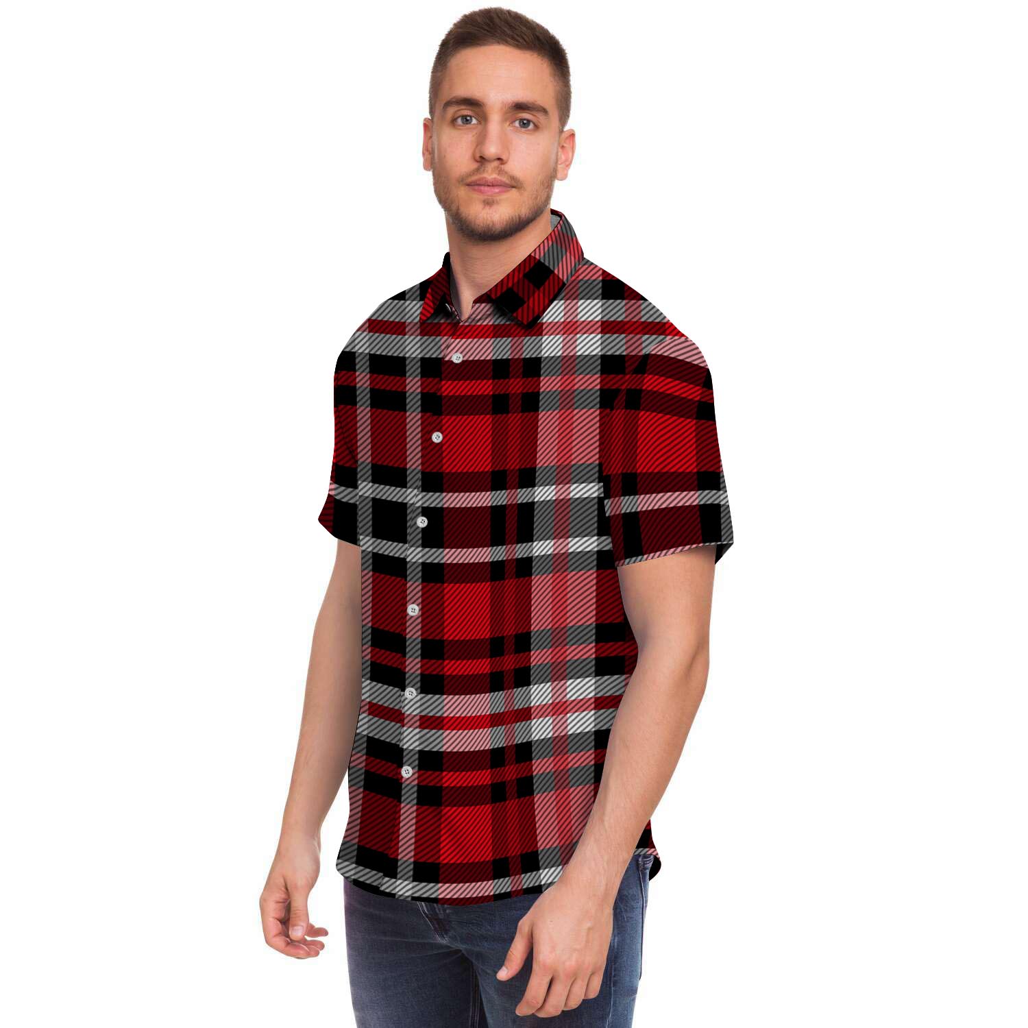 Red Plaid Tartan Print Men Print Short Sleeve Button-Up Shirts