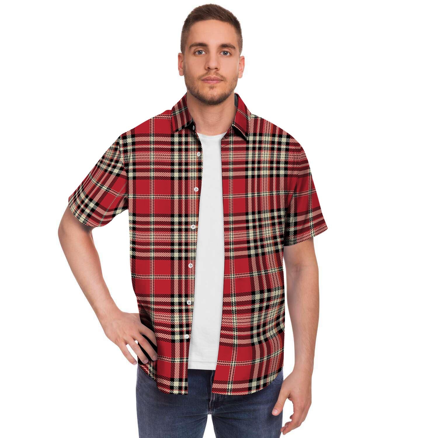 Red Plaid Tartan Scottish Men Print Short Sleeve Button-Up Shirts