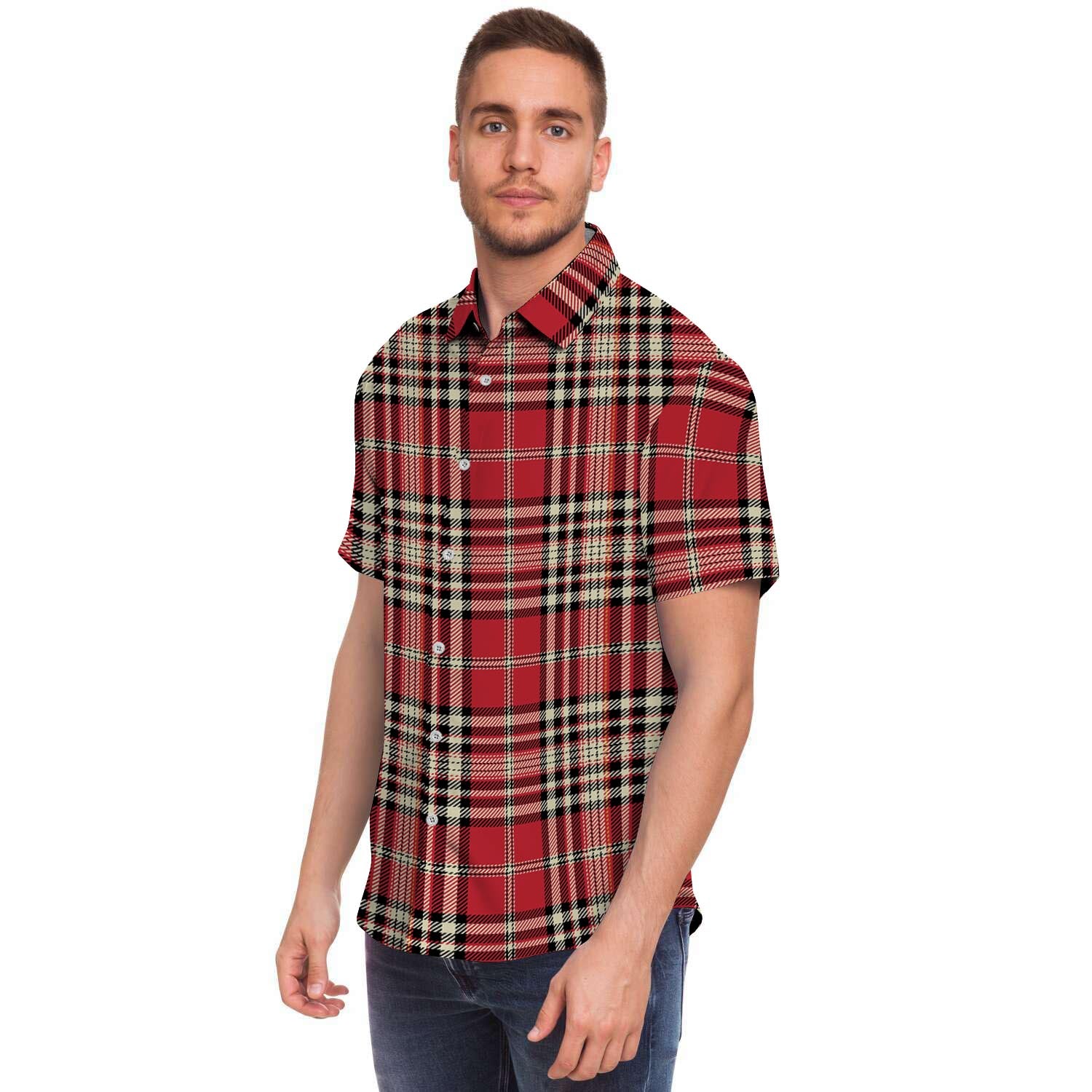 Red Plaid Tartan Scottish Men Print Short Sleeve Button-Up Shirts