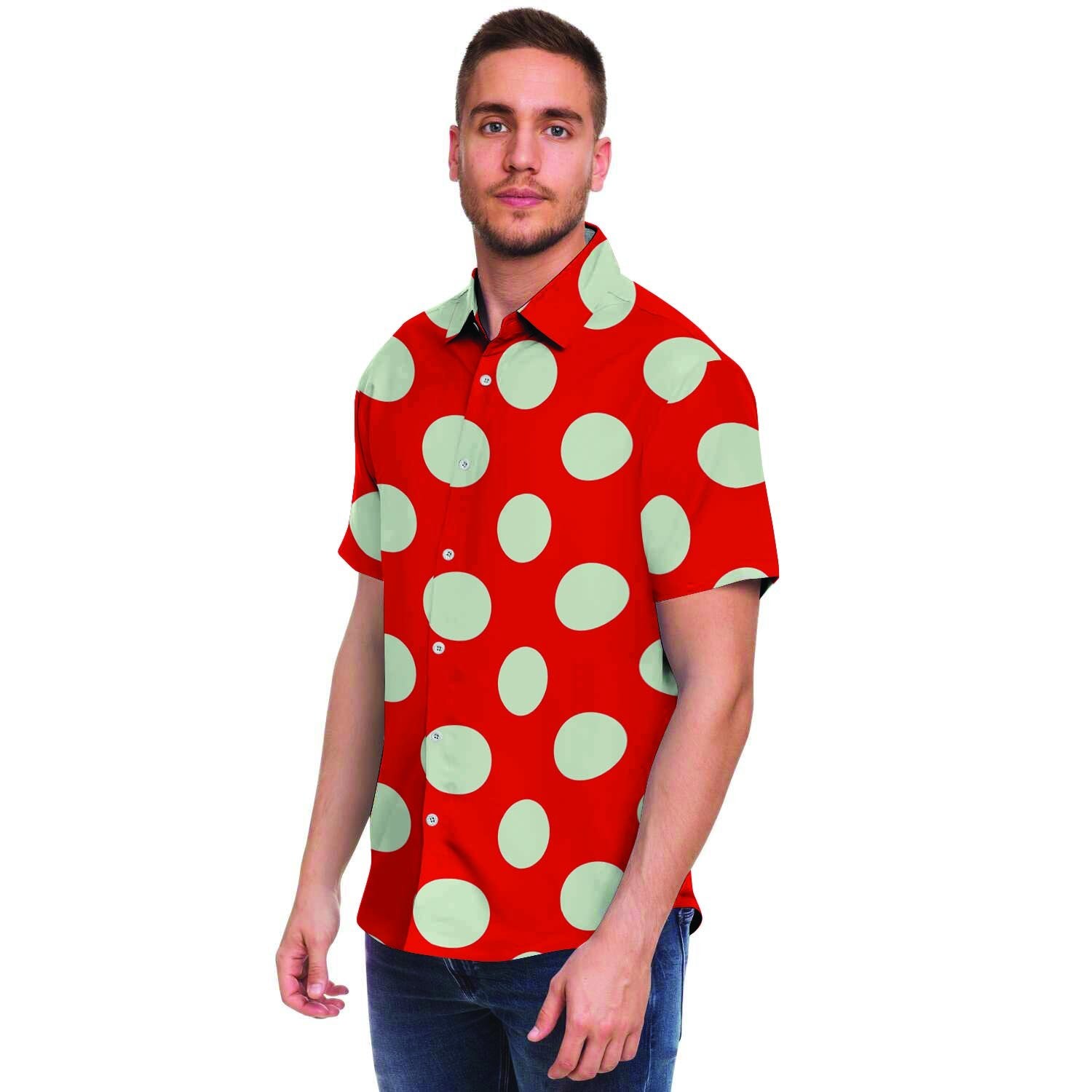Red Polka Dot Men Print Short Sleeve Button-Up Shirts