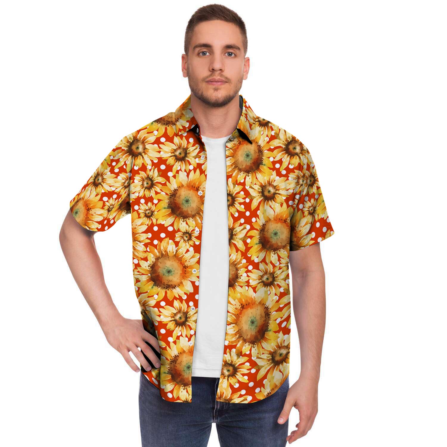 Red Polka Dot Sunflower Men Print Short Sleeve Button-Up Shirts