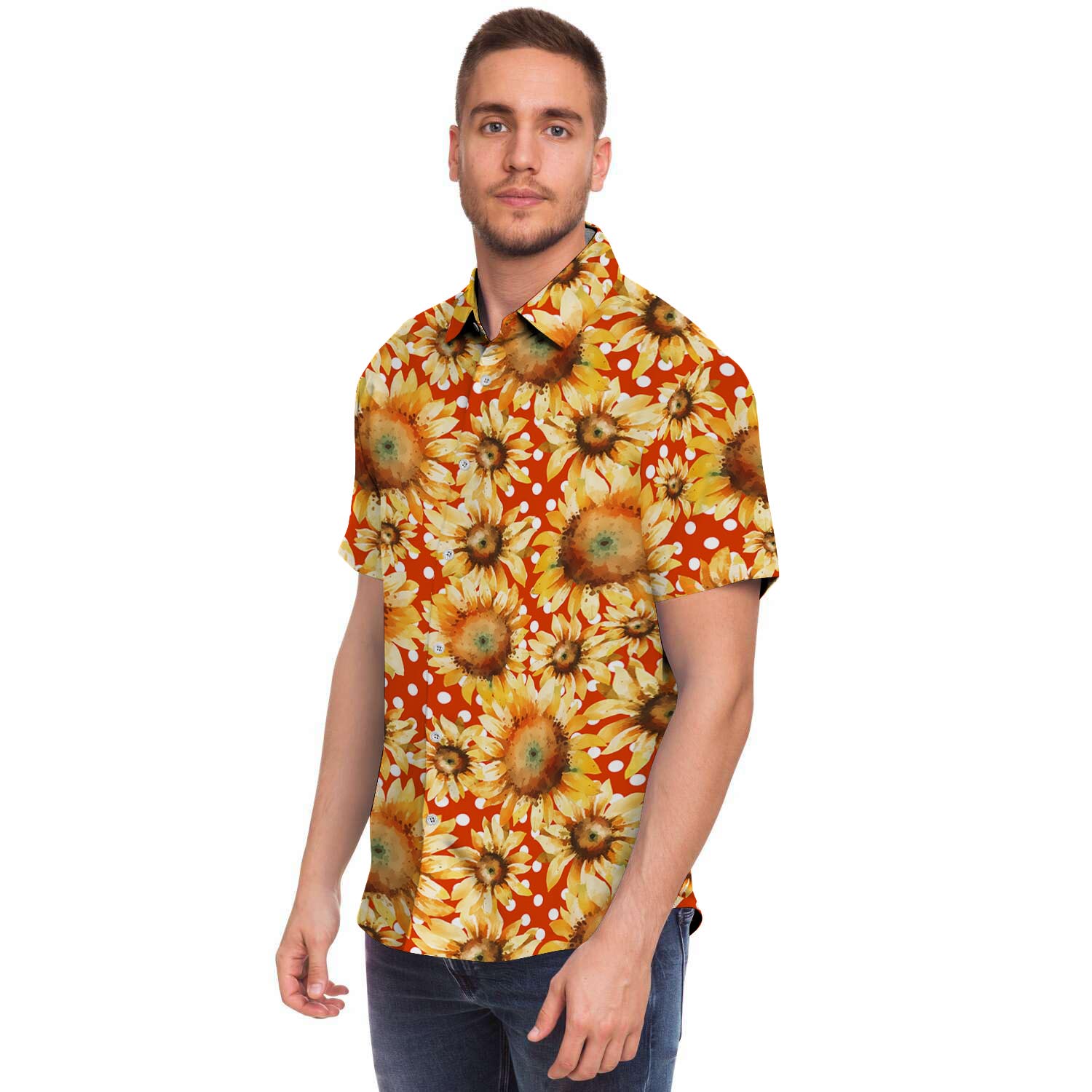 Red Polka Dot Sunflower Men Print Short Sleeve Button-Up Shirts