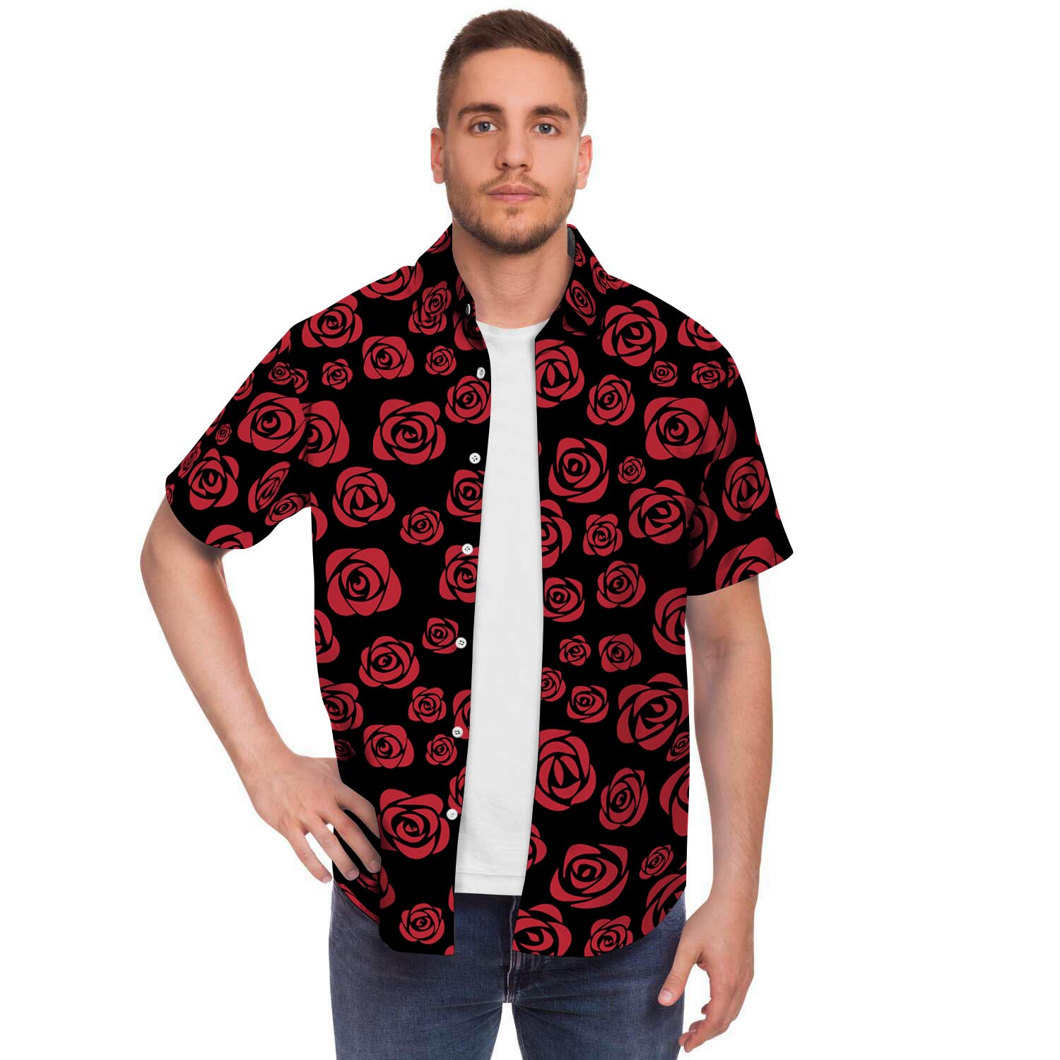 Red Rose Floral Doodle Men Print Short Sleeve Button-Up Shirts