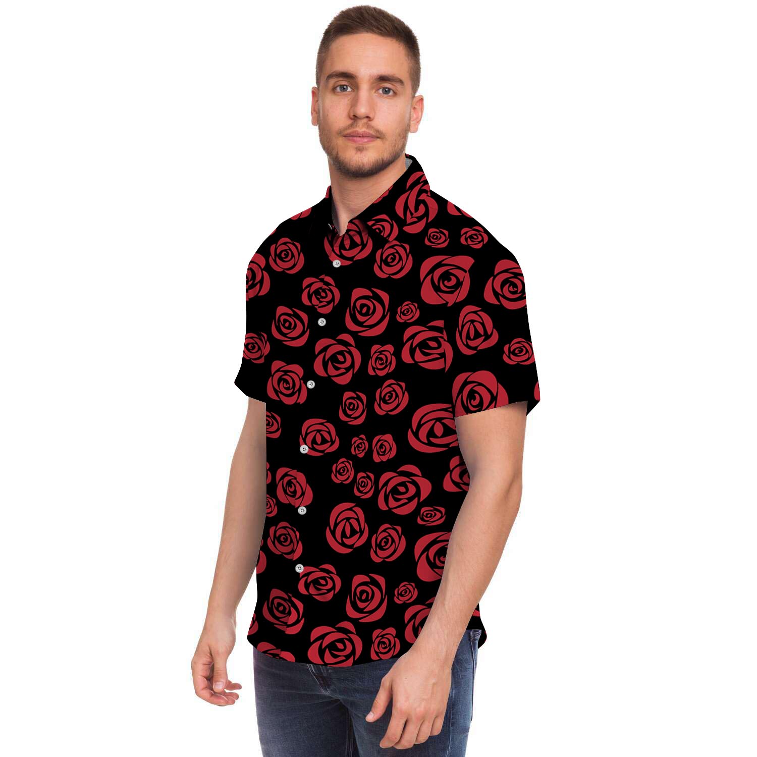 Red Rose Floral Doodle Men Print Short Sleeve Button-Up Shirts