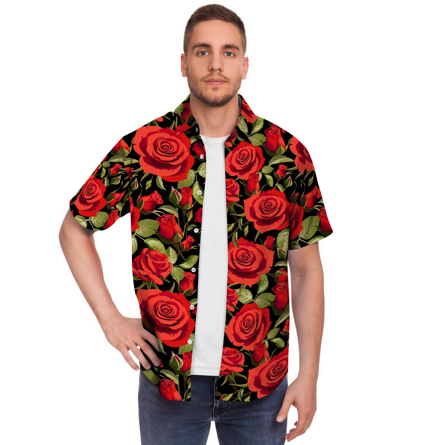 Red Rose Floral Men Print Short Sleeve Button-Up Shirts