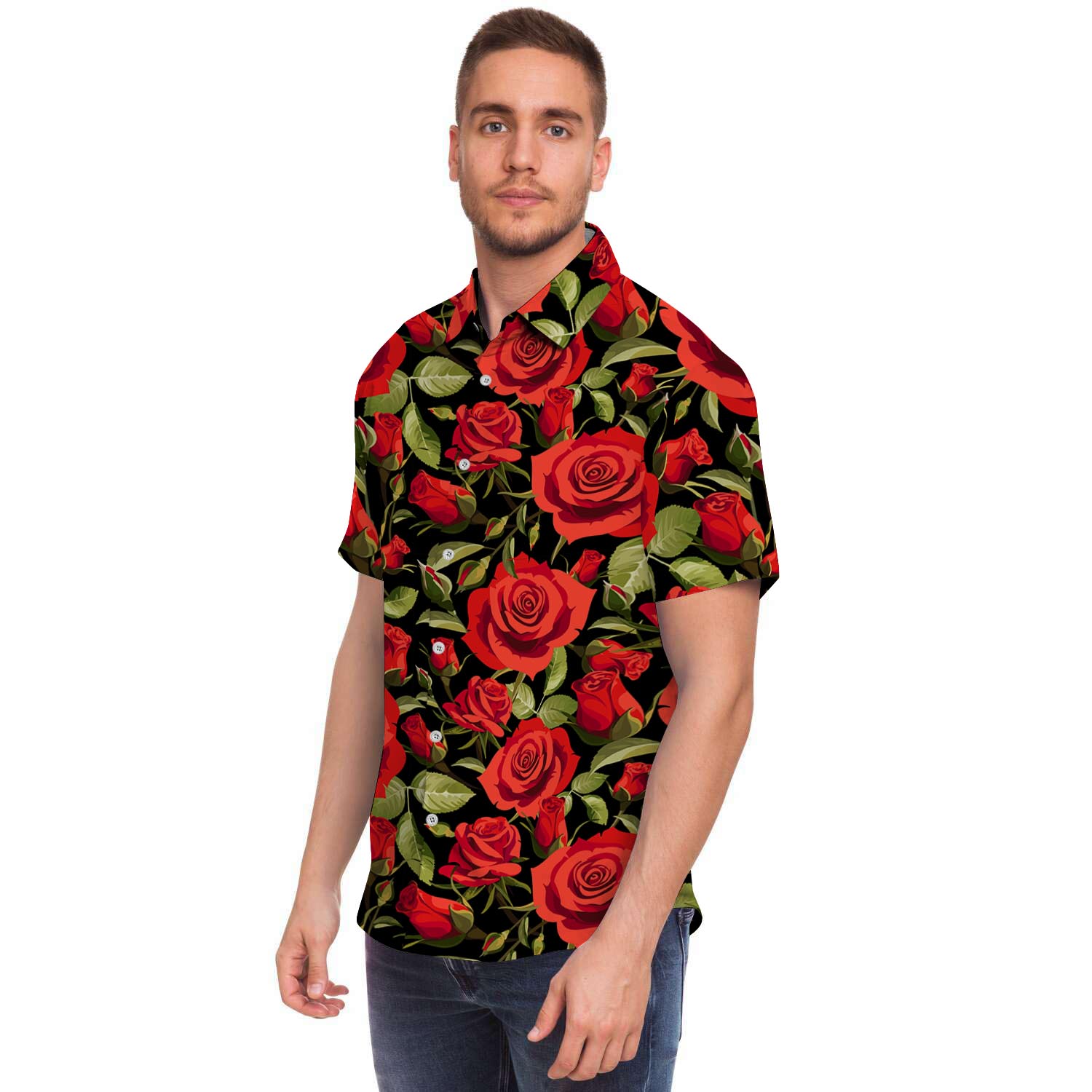Red Rose Floral Men Print Short Sleeve Button-Up Shirts