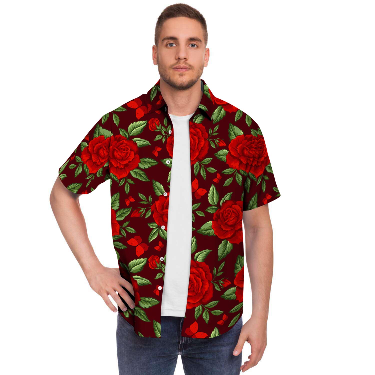 Red Rose Flower Men Print Short Sleeve Button-Up Shirts