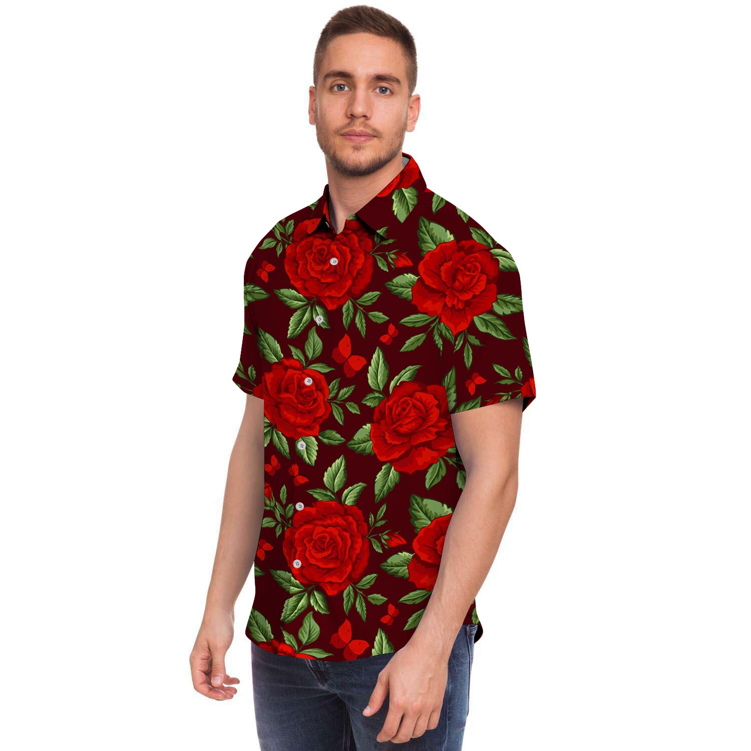 Red Rose Flower Men Print Short Sleeve Button-Up Shirts
