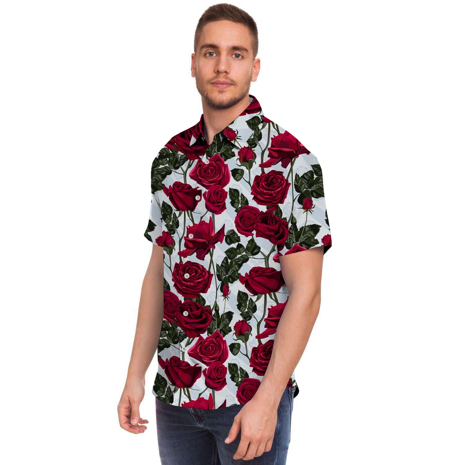 Red Rose Flower Print Men Print Short Sleeve Button-Up Shirts