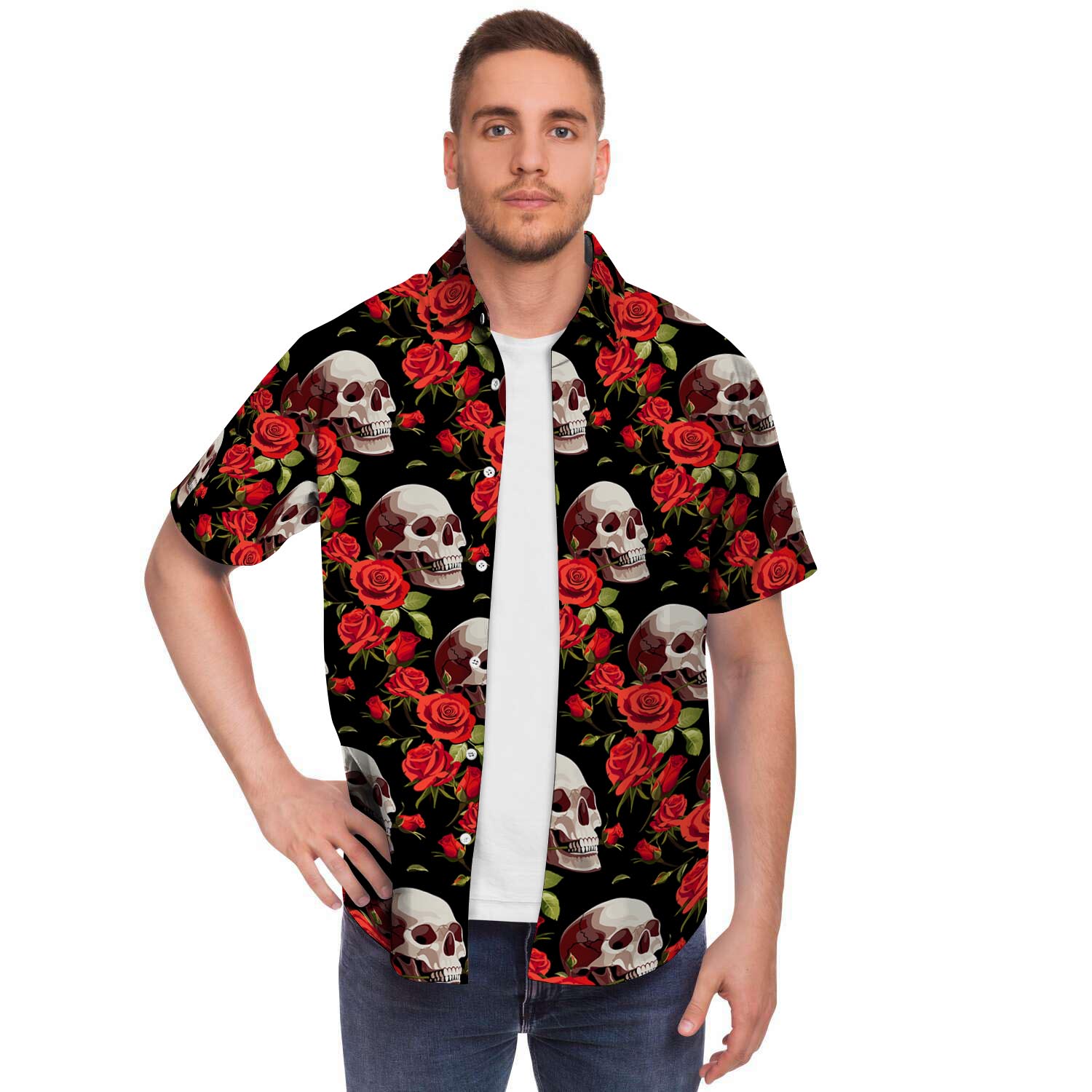 Red Rose Skull Men Print Short Sleeve Button-Up Shirts