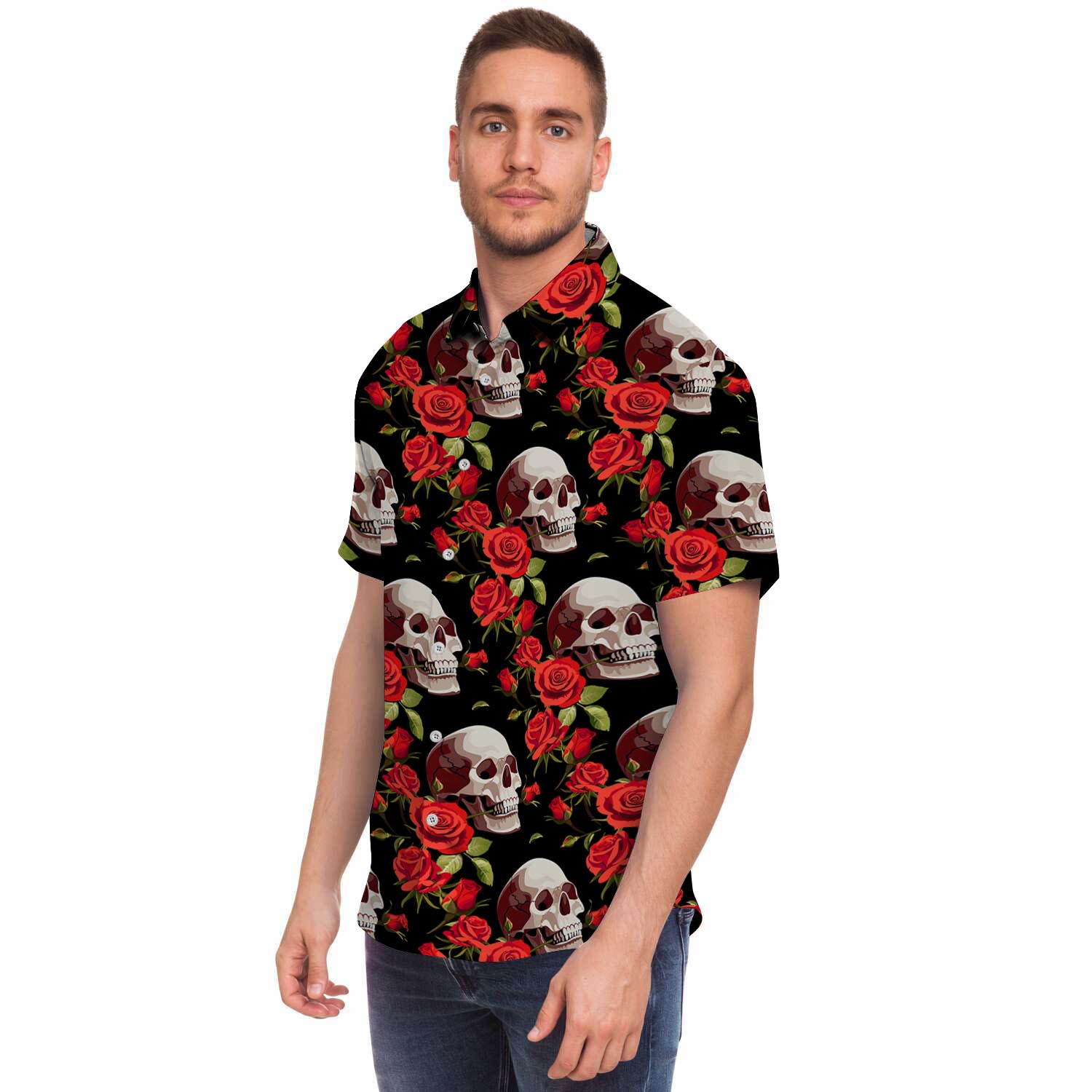 Red Rose Skull Men Print Short Sleeve Button-Up Shirts