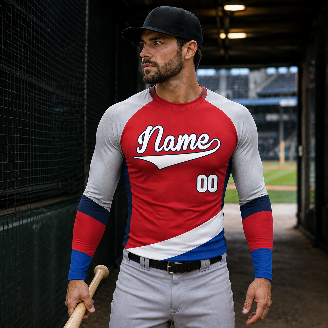 Diagonal Hem Red Customizable Long Sleeve Compression Shirt