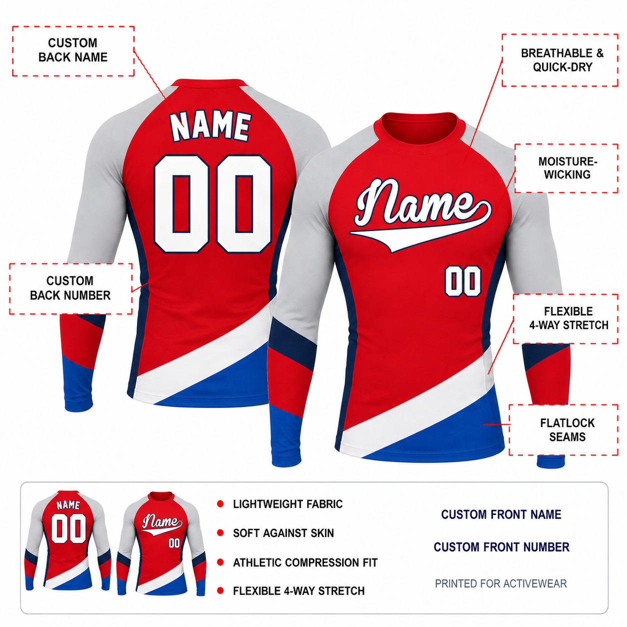 Diagonal Hem Red Customizable Long Sleeve Compression Shirt