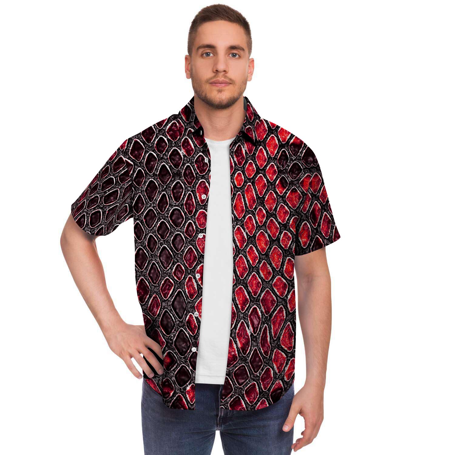 Red Snakeskin Print Men Print Short Sleeve Button-Up Shirts