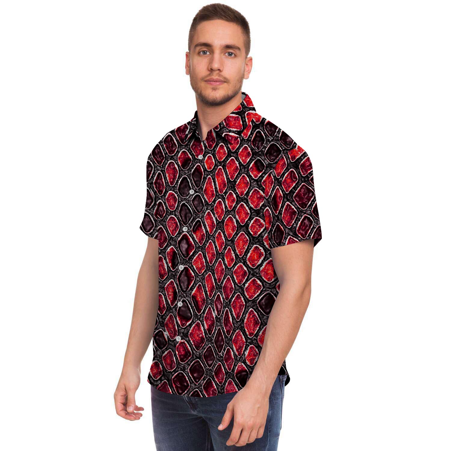 Red Snakeskin Print Men Print Short Sleeve Button-Up Shirts