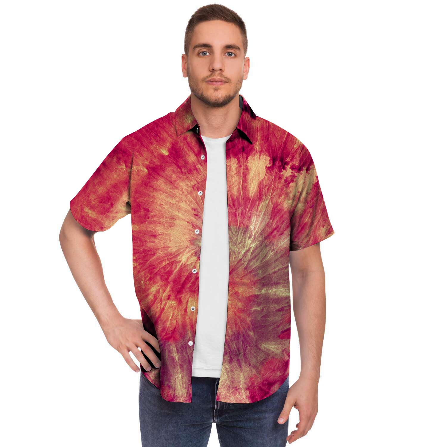 Red Tie Dye Men Print Short Sleeve Button-Up Shirts