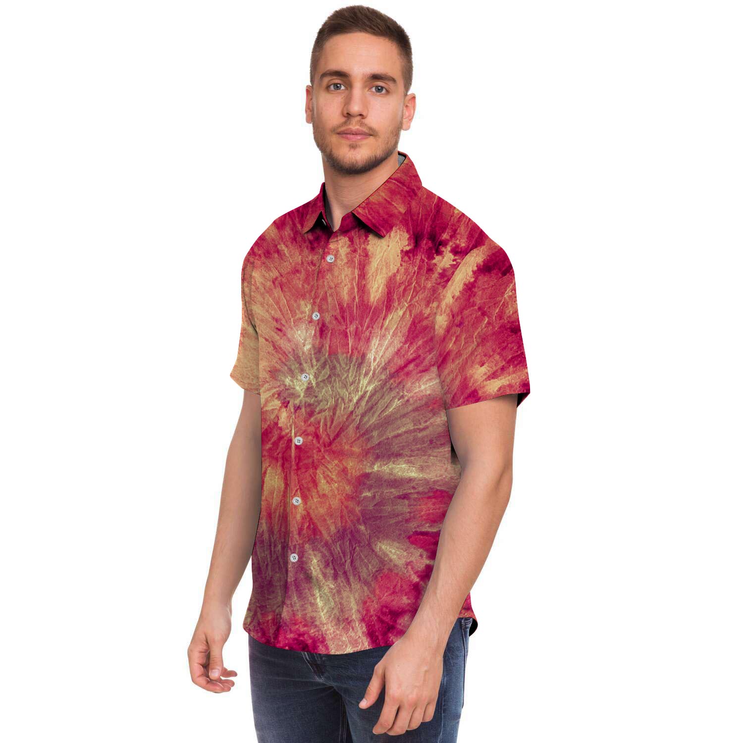 Red Tie Dye Men Print Short Sleeve Button-Up Shirts