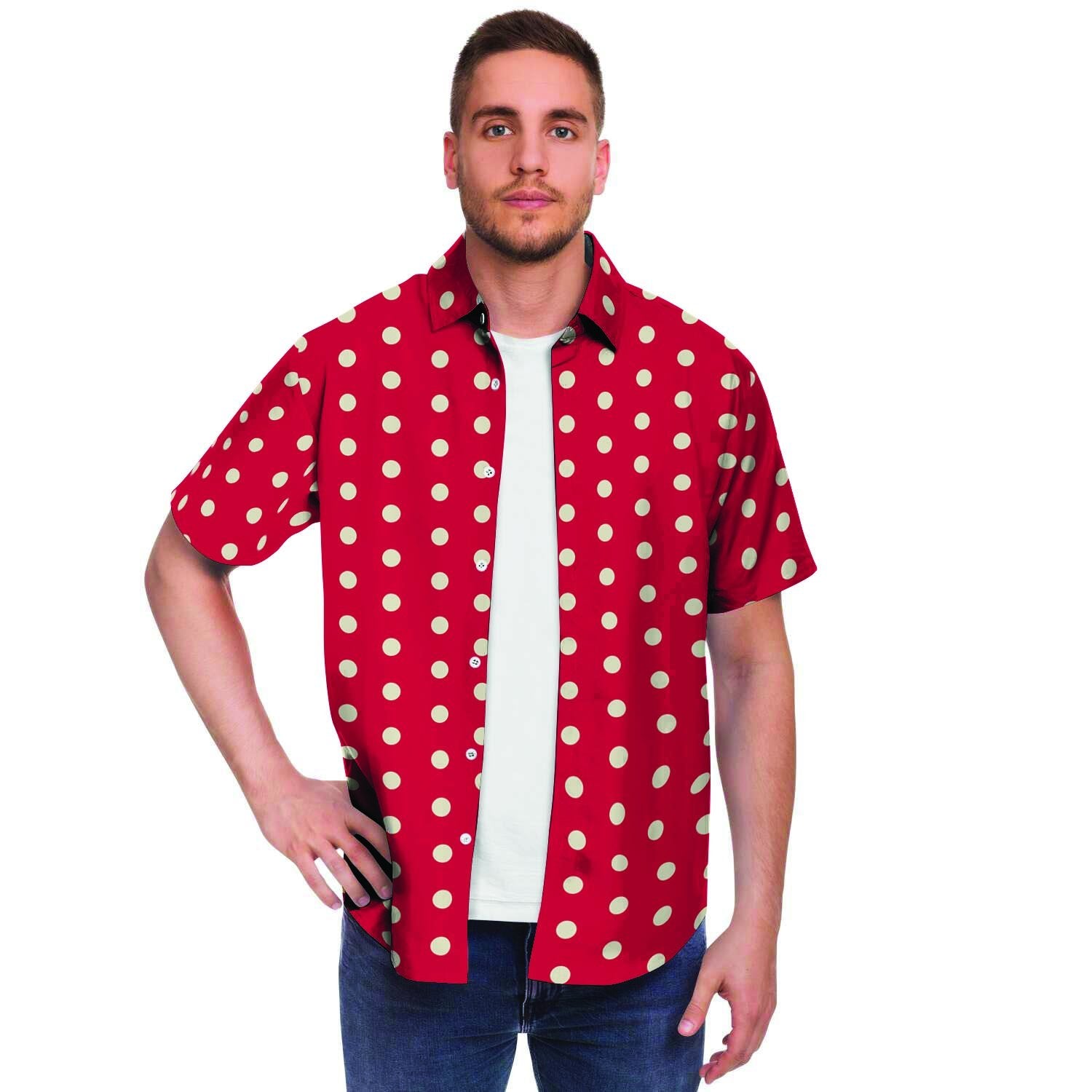 Red Tiny Polka Dot Men Print Short Sleeve Button-Up Shirts