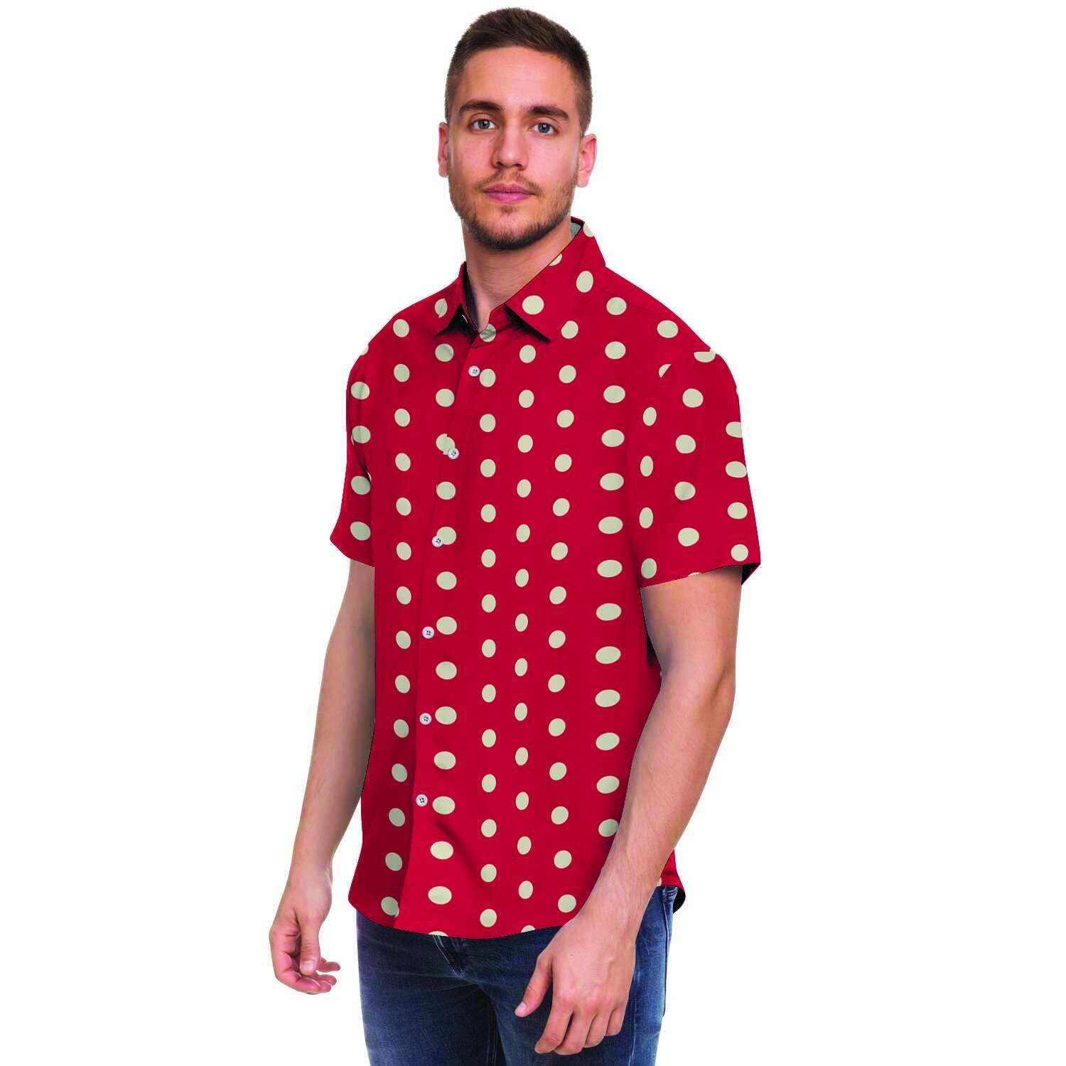 Red Tiny Polka Dot Men Print Short Sleeve Button-Up Shirts