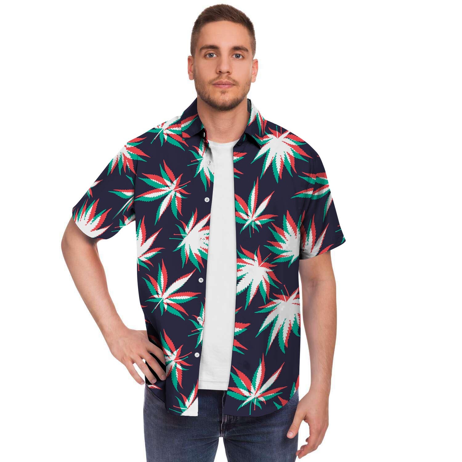 Reggae Leaf Psychedelic Men Print Short Sleeve Button-Up Shirts