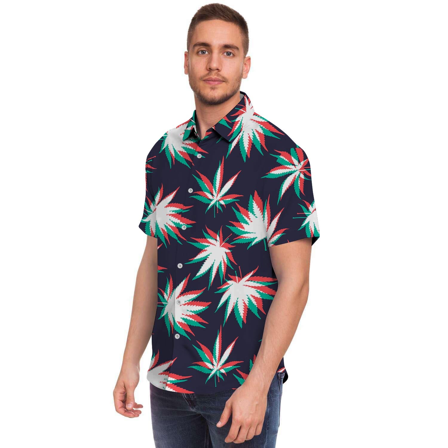 Reggae Leaf Psychedelic Men Print Short Sleeve Button-Up Shirts