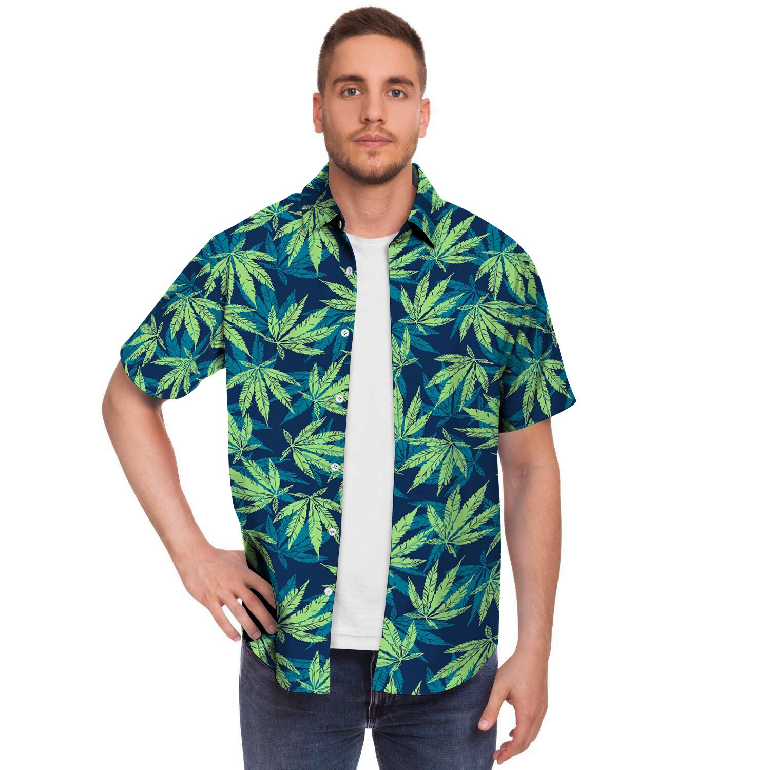 Reggae Leaf Tropical Men Print Short Sleeve Button-Up Shirts