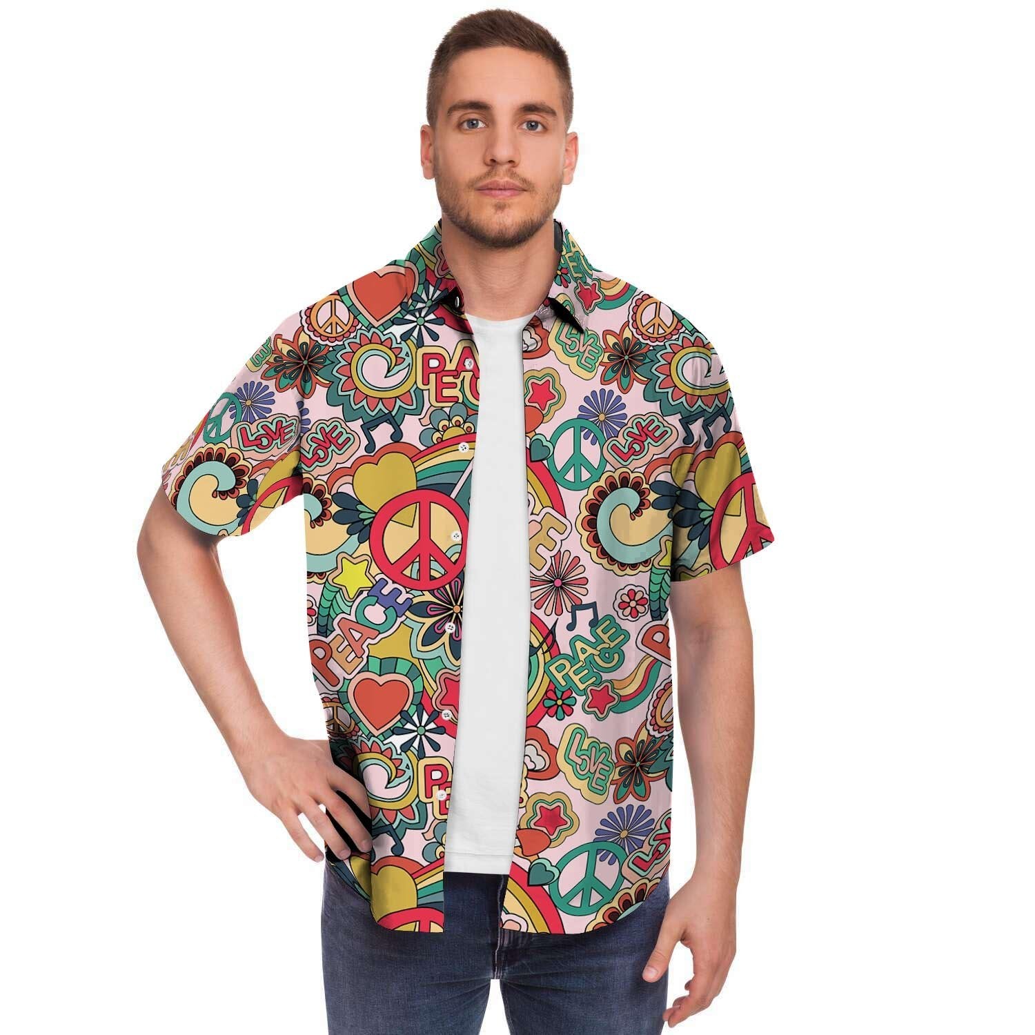 Retro Hippie Men Print Short Sleeve Button-Up Shirts