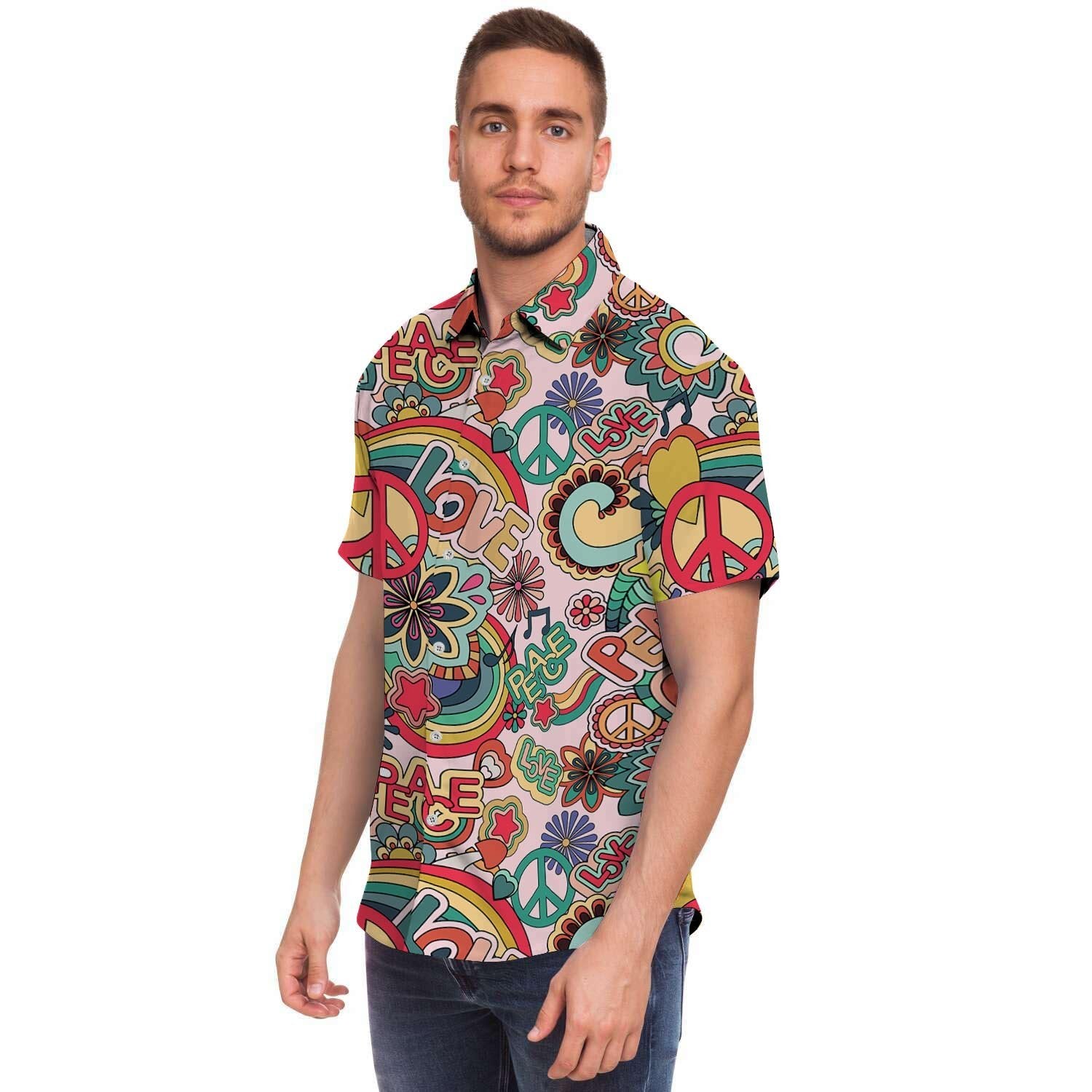 Retro Hippie Men Print Short Sleeve Button-Up Shirts
