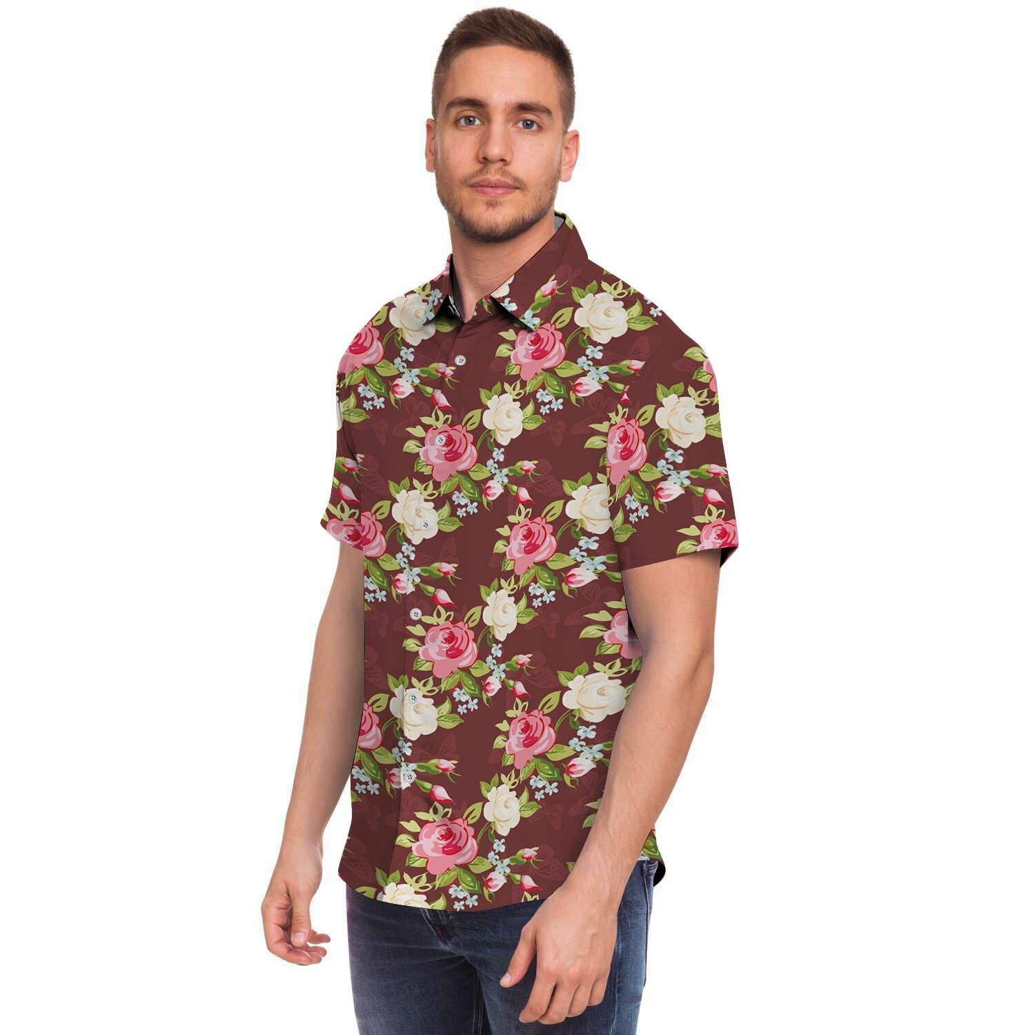 Rose Floral Print Men Print Short Sleeve Button-Up Shirts